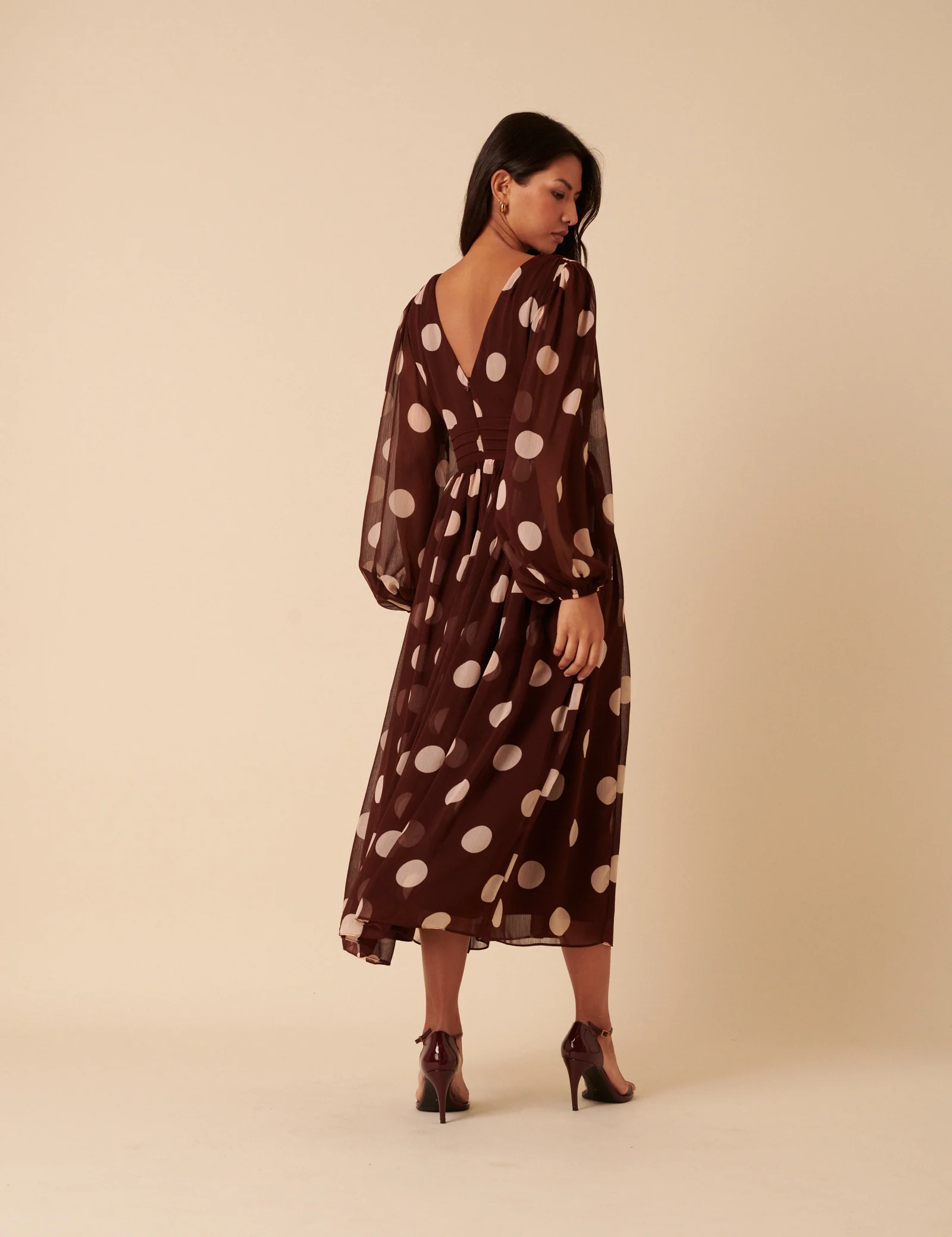 Brown Polka Dot Balloon Sleeve Anya Midi Dress - Image 5