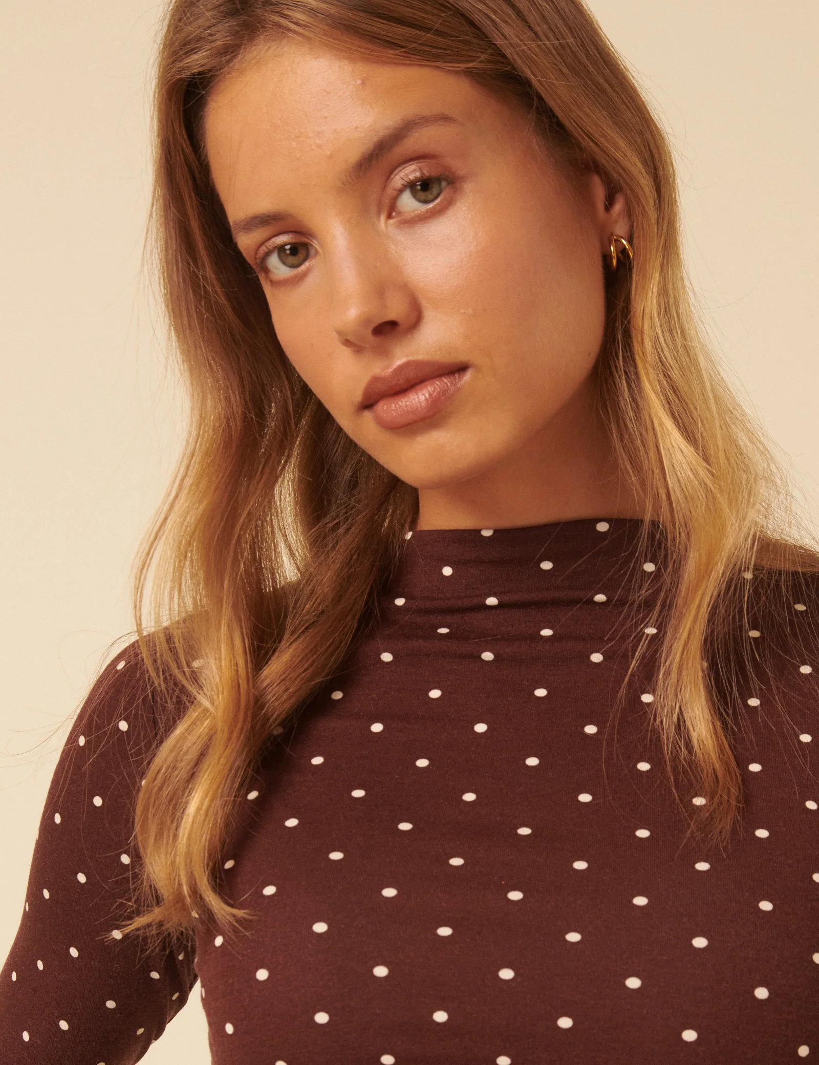 Brown Polka Dot High Neck Long Sleeve Top - Image 2