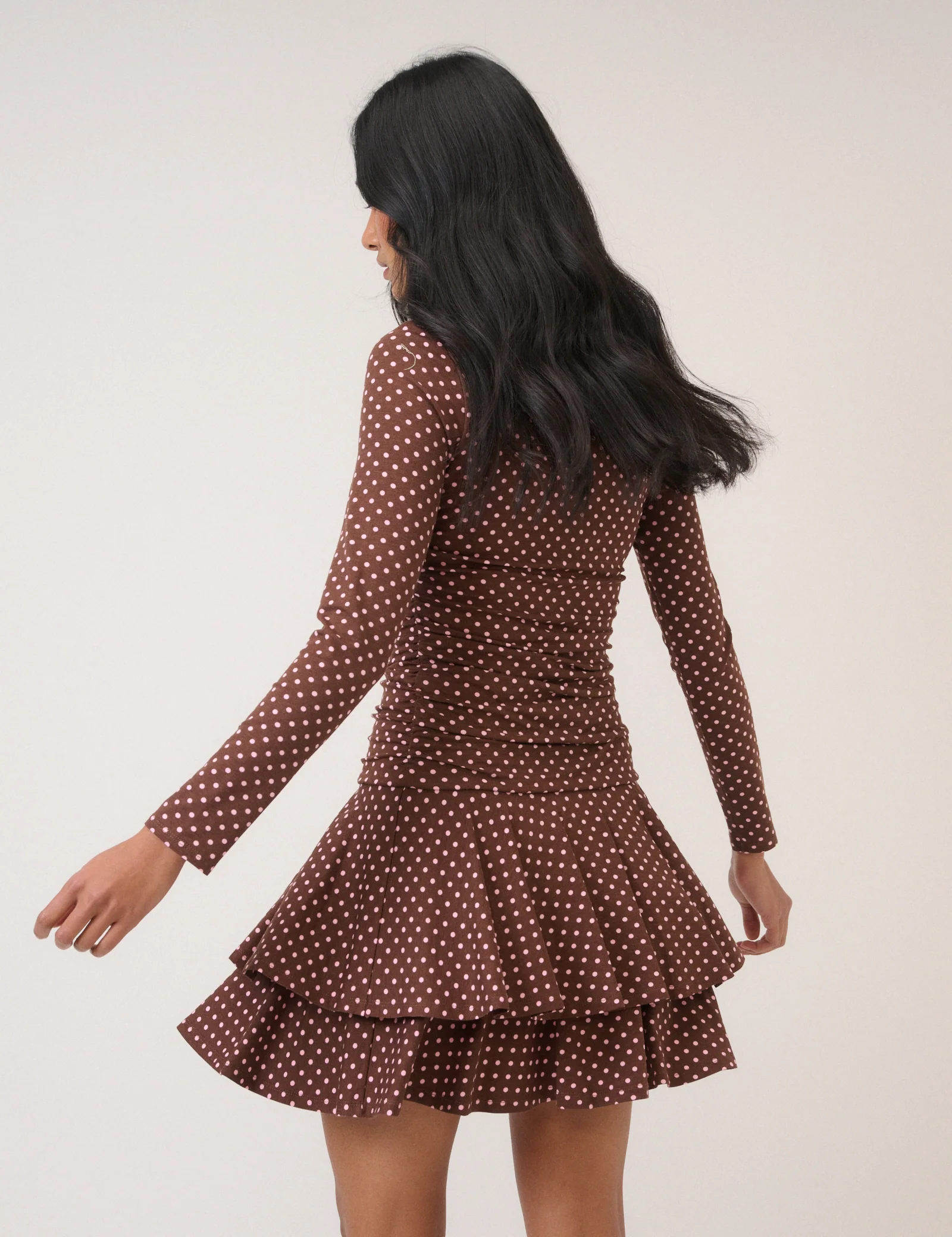 Brown Polka Dot Long Sleeve Yuki Jersey Mini Dress - Image 5