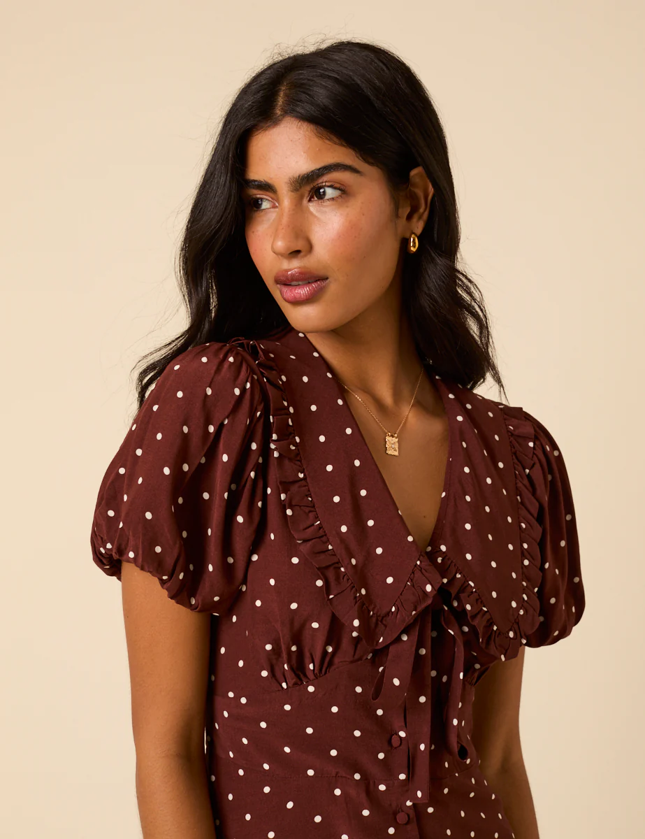 Brown Polka Dot Puff Sleeve Ottillie Midi Dress - Image 2