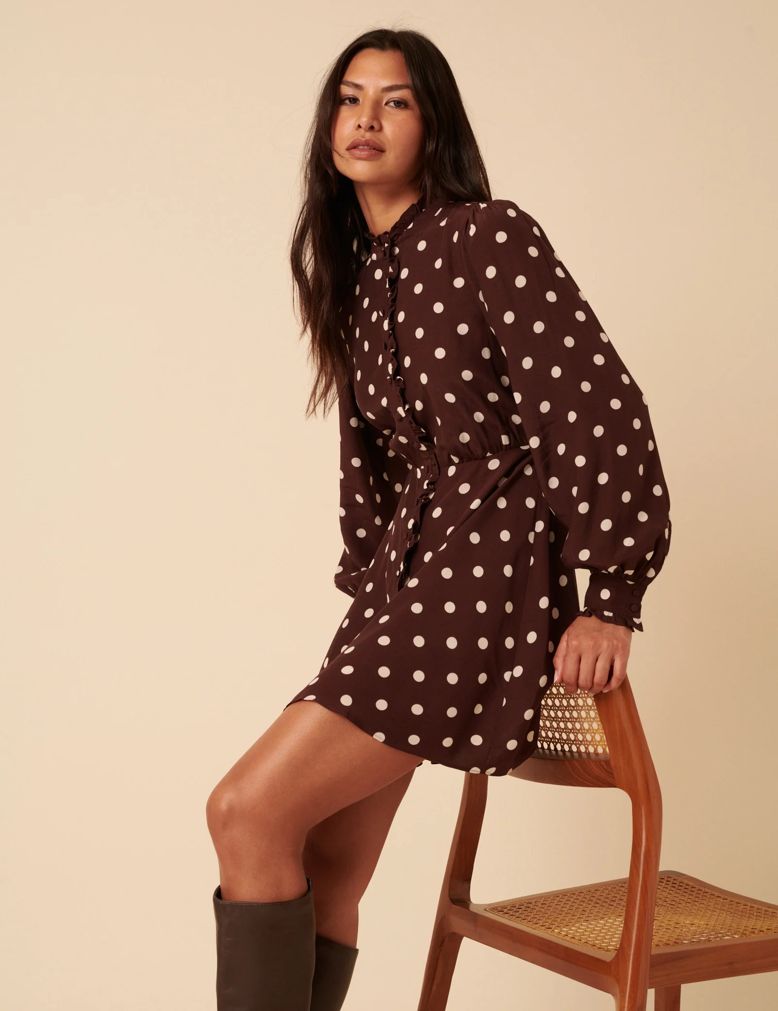 Brown Polka Dot Ruffle Gabi Mini Dress - Image 3