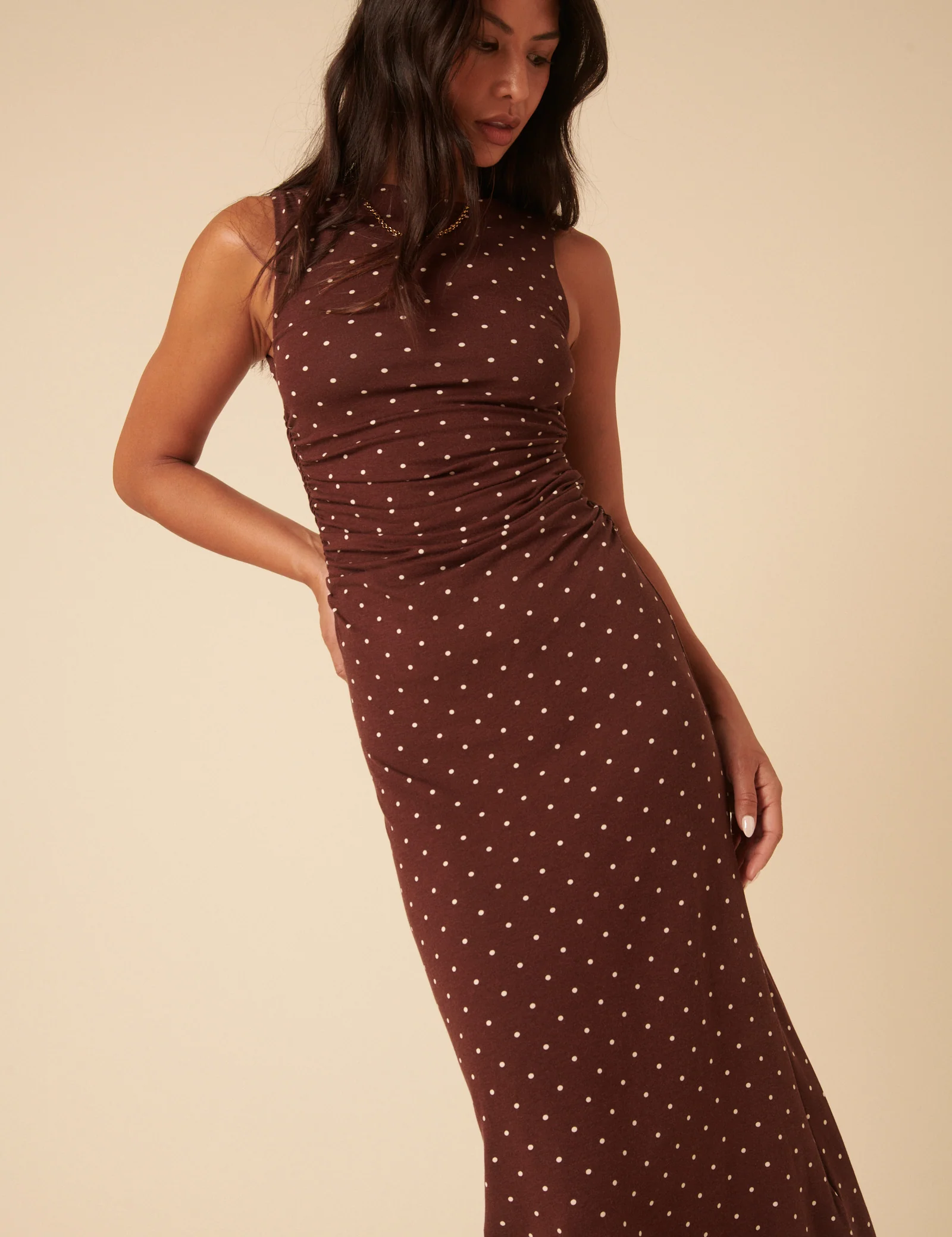 Brown Polka Dot Jersey Draped Laurella Midi Dress - Image 2