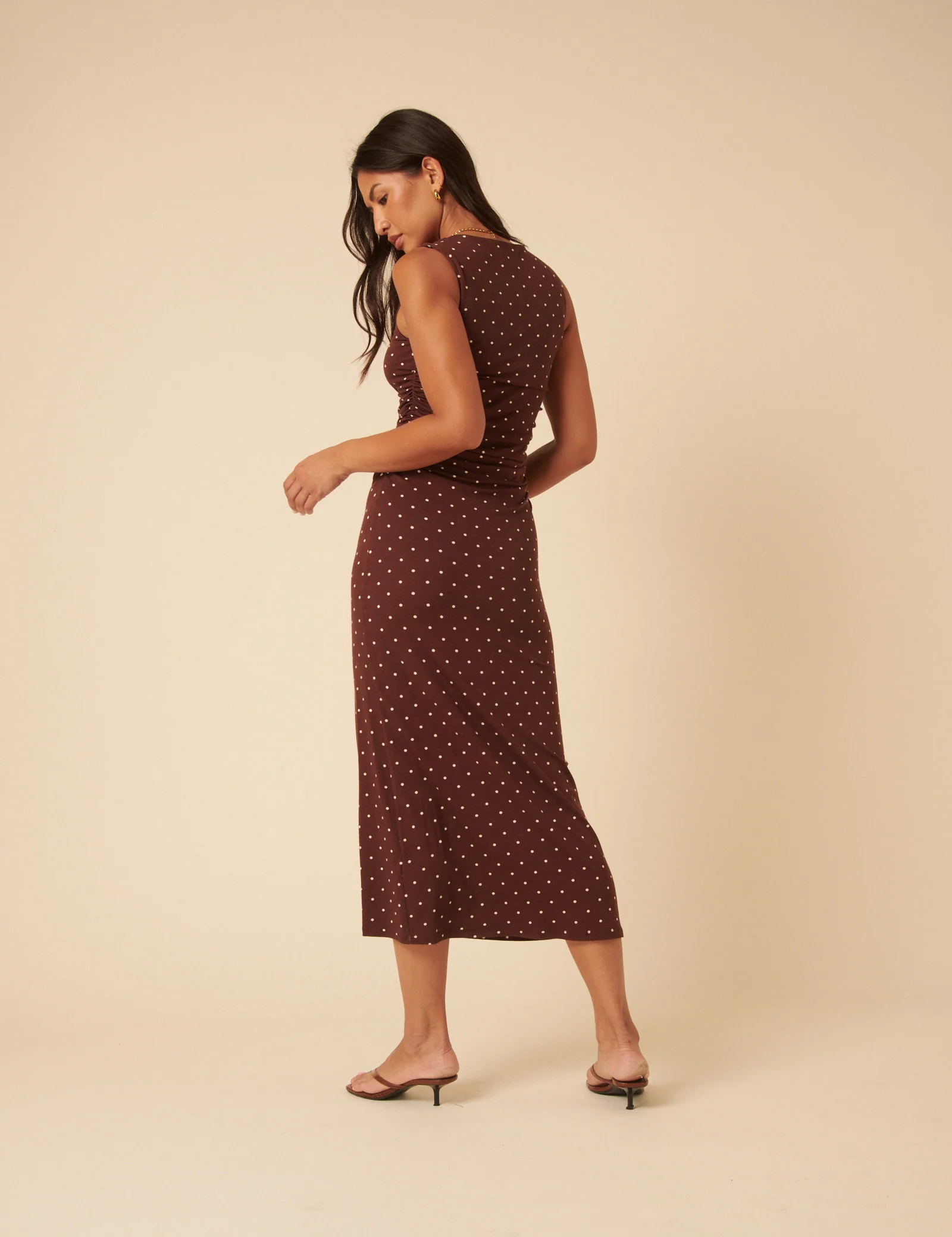 Brown Polka Dot Jersey Draped Laurella Midi Dress - Image 4