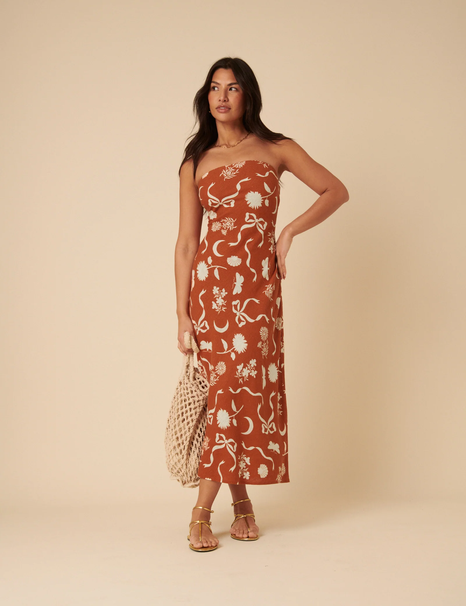 Brown Printed Linen-Blend Bandeau Evie Midi Dress - Image 3