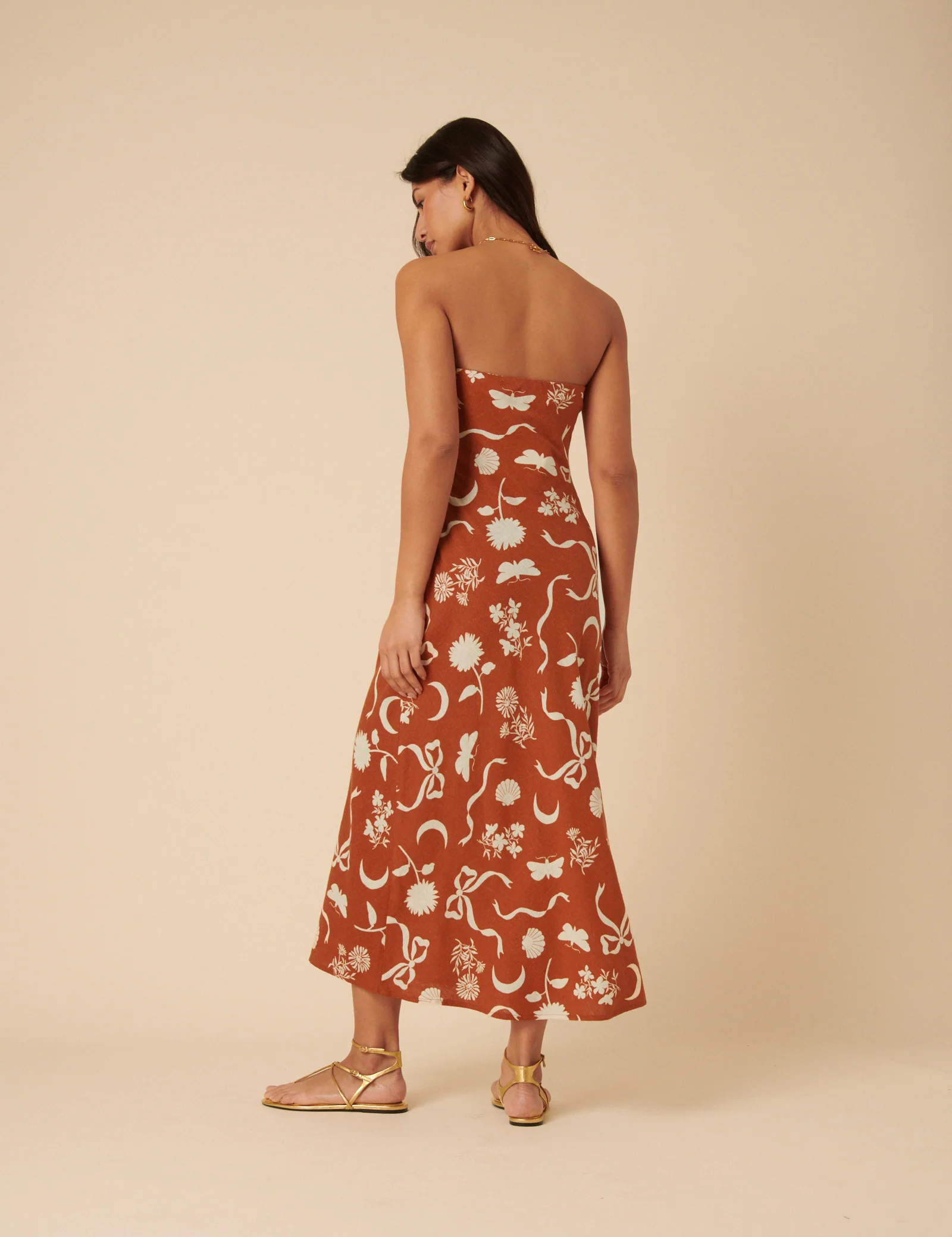 Brown Printed Linen-Blend Bandeau Evie Midi Dress - Image 4