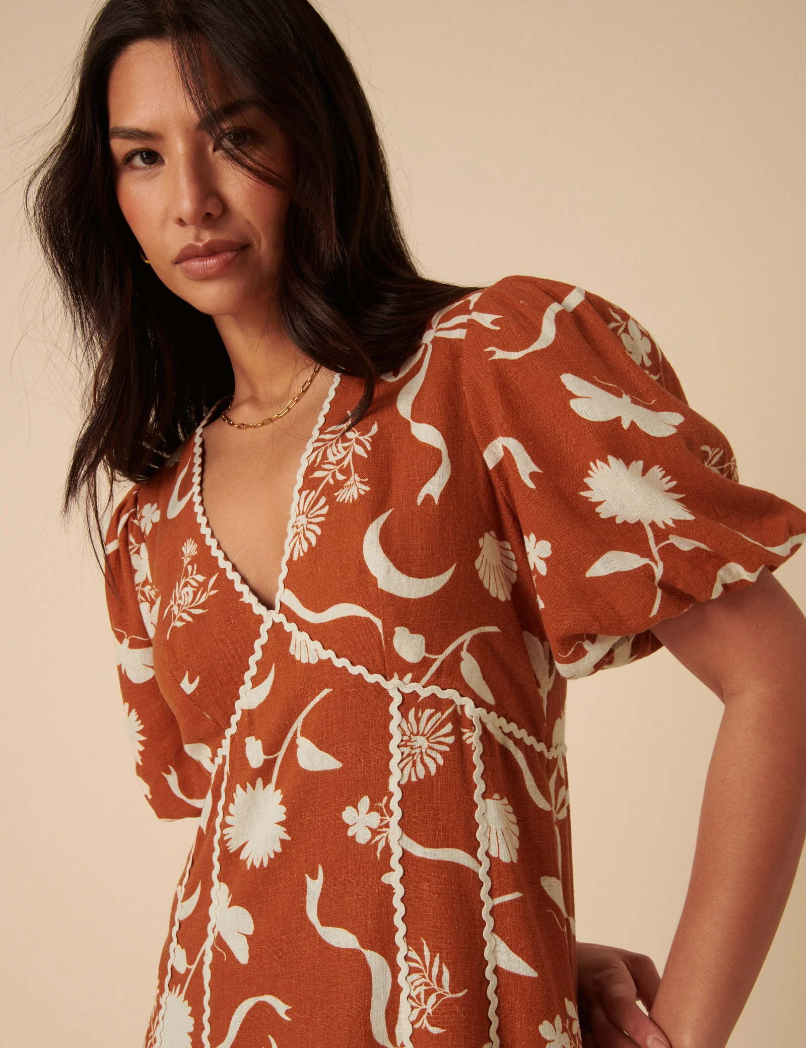 Burnt Orange Printed Linen-Blend Lucy Midi Dress - Image 2