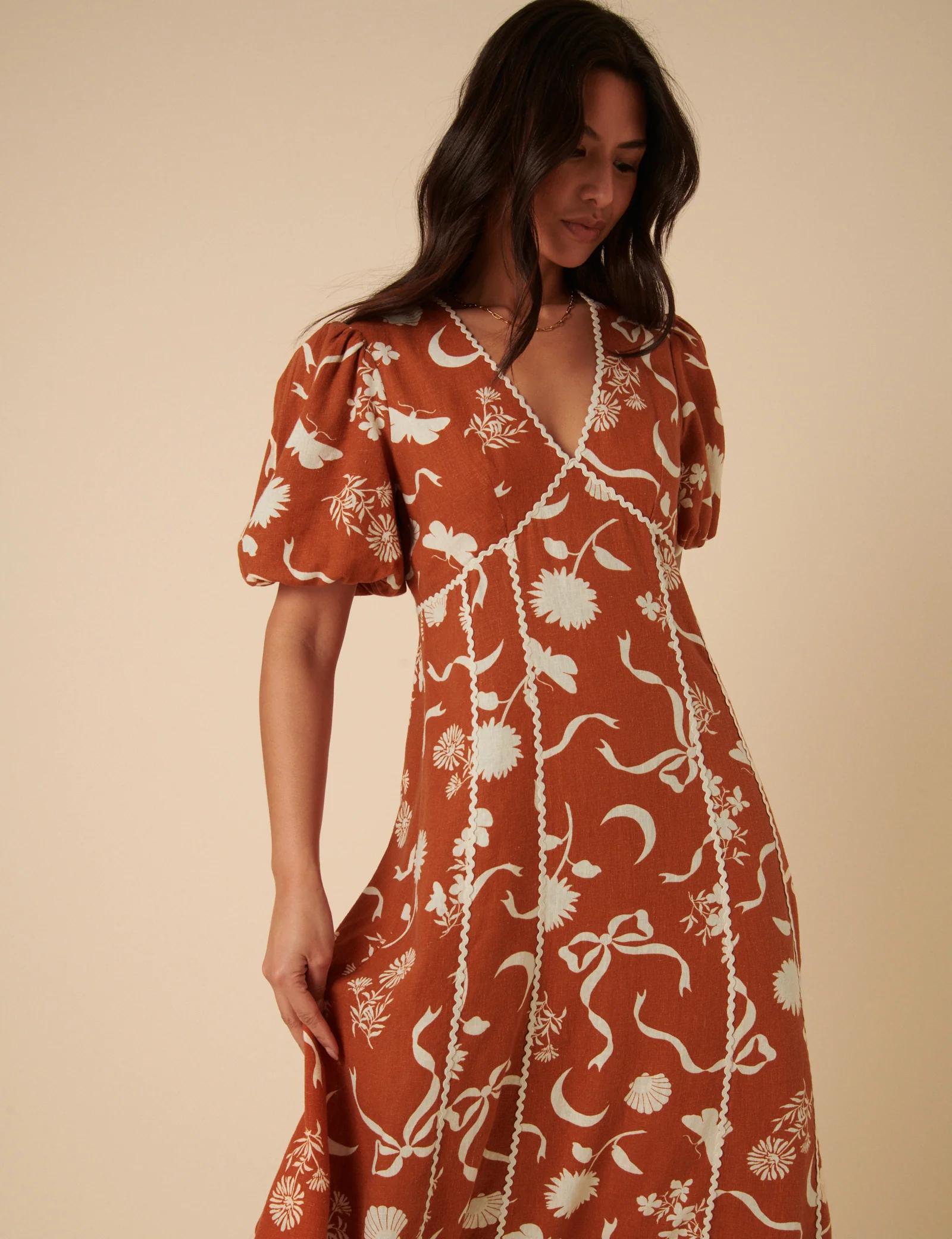 Burnt Orange Printed Linen-Blend Lucy Midi Dress - Image 3
