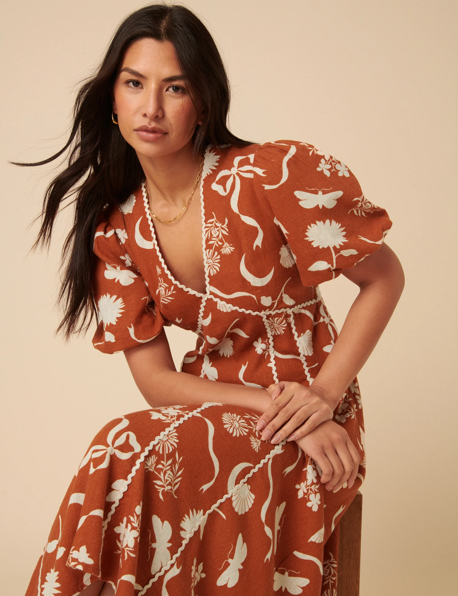 Burnt Orange Printed Linen-Blend Lucy Midi Dress - Image 4
