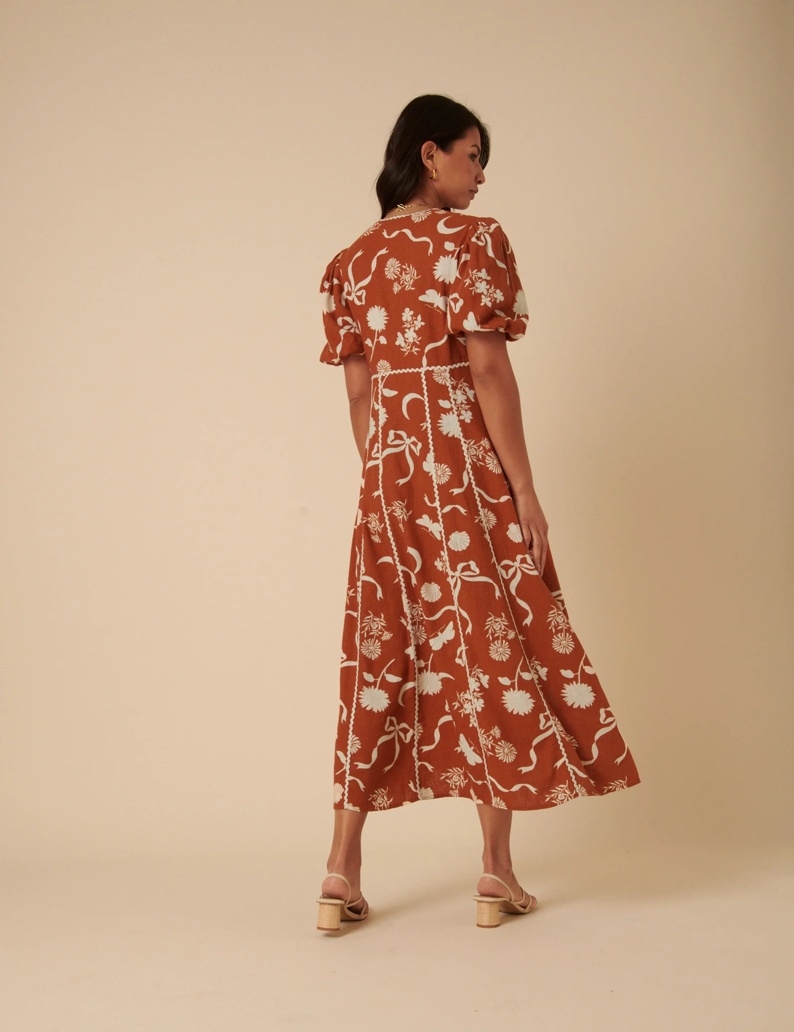 Burnt Orange Printed Linen-Blend Lucy Midi Dress - Image 5