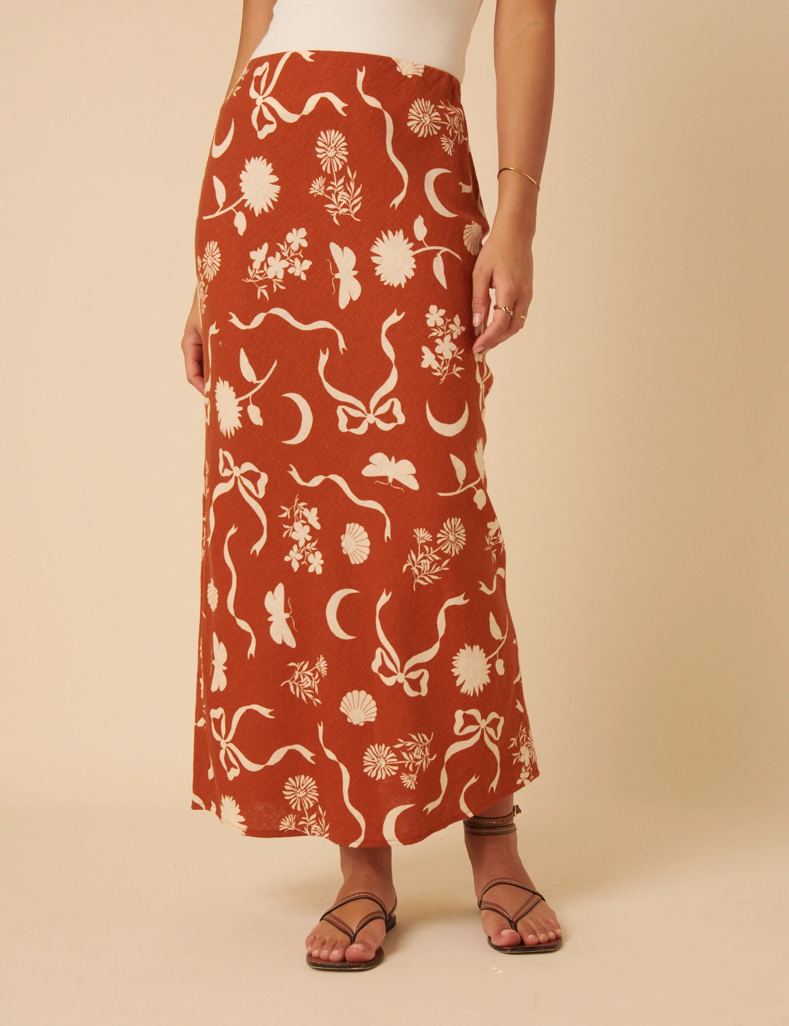 Brown Printed Linen-Blend Midi Skirt