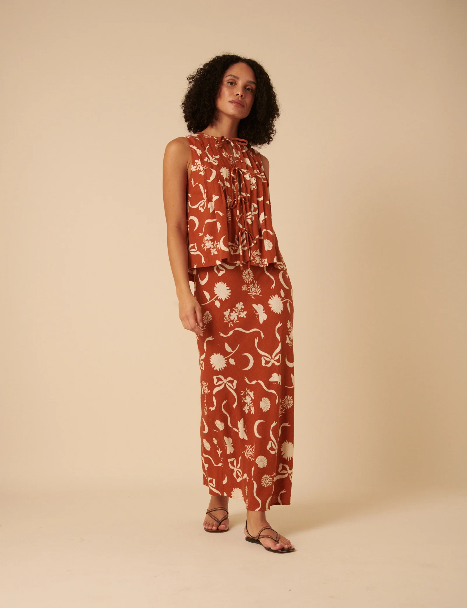 Brown Printed Linen-Blend Midi Skirt - Image 2
