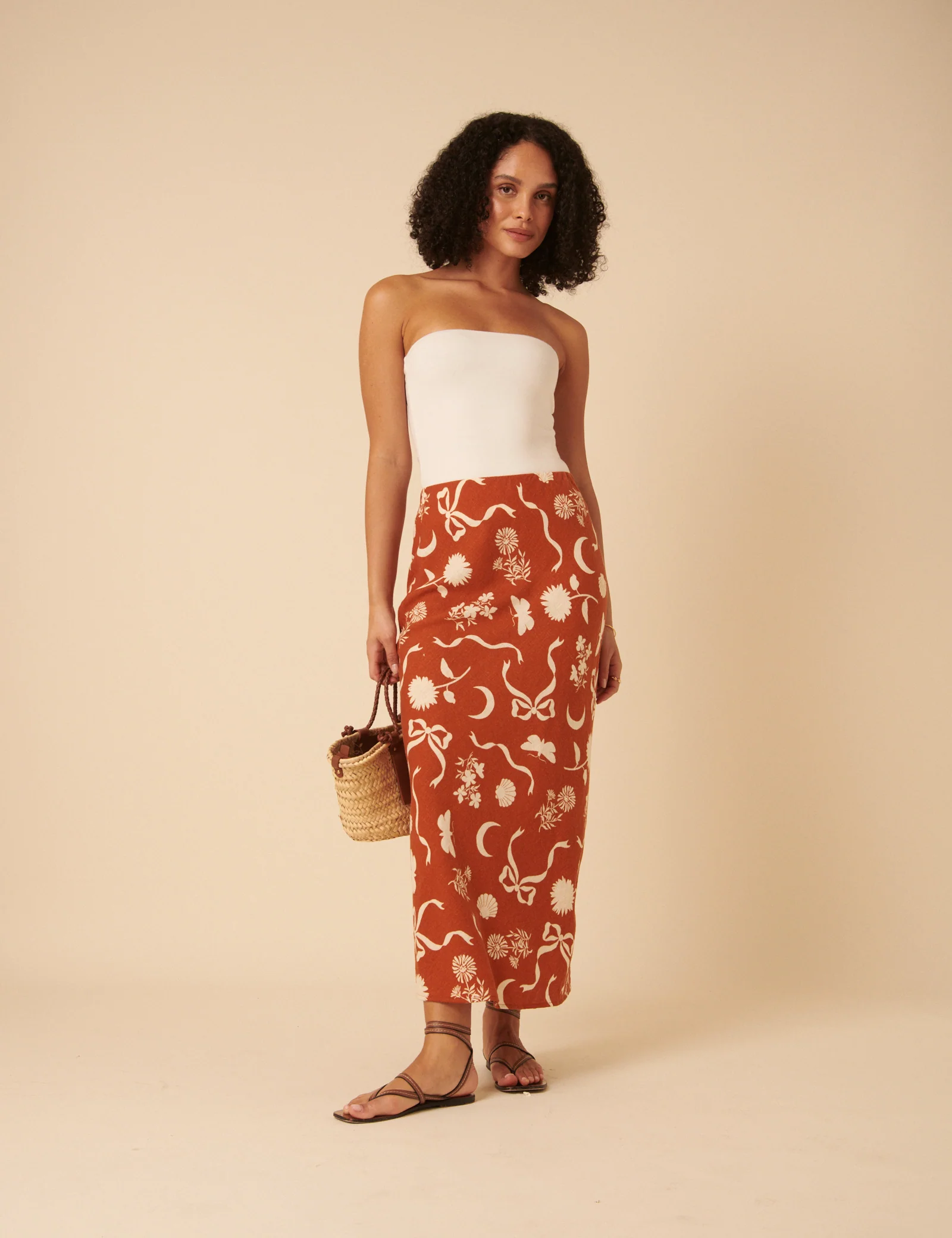 Brown Printed Linen-Blend Midi Skirt - Image 4