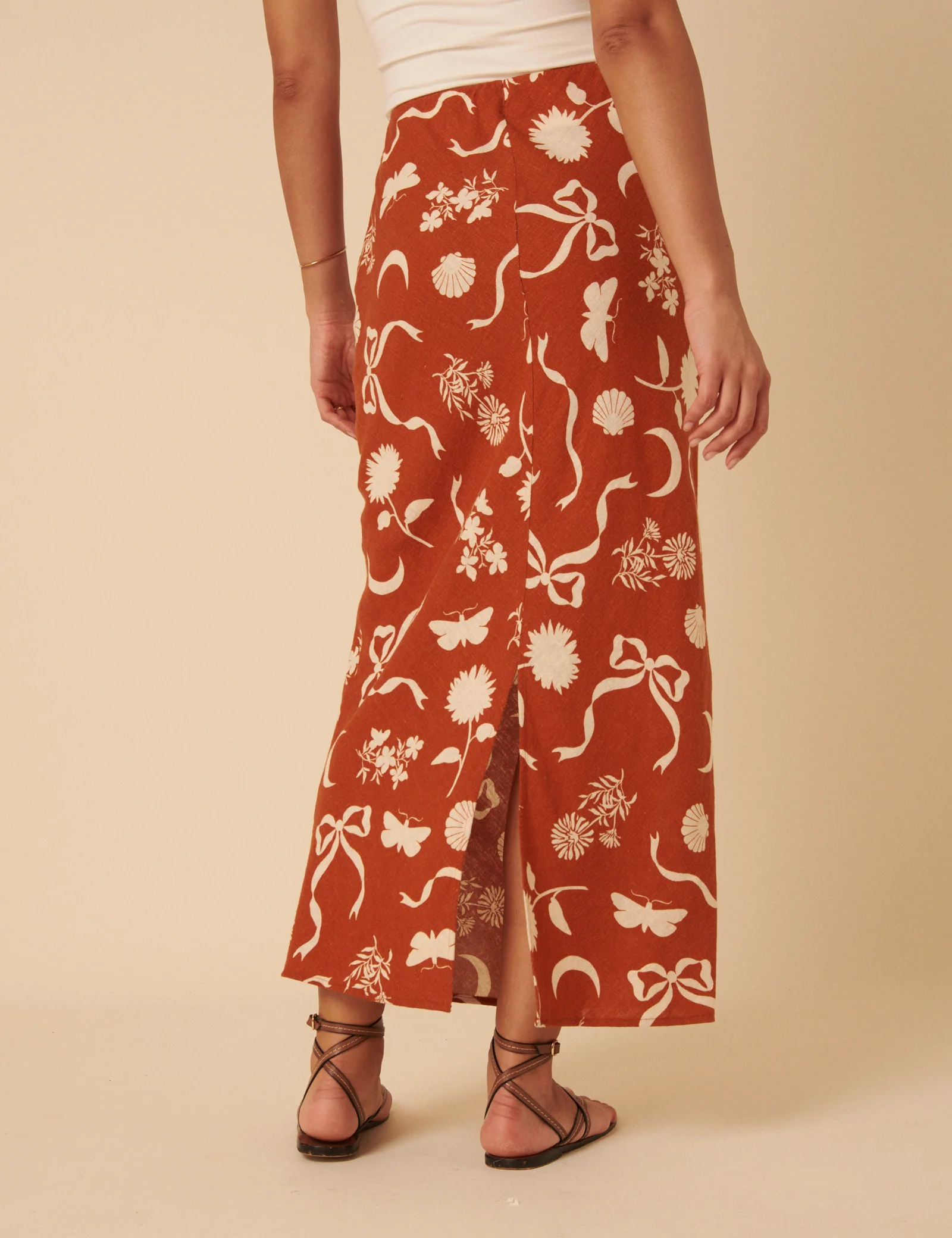 Brown Printed Linen-Blend Midi Skirt - Image 5