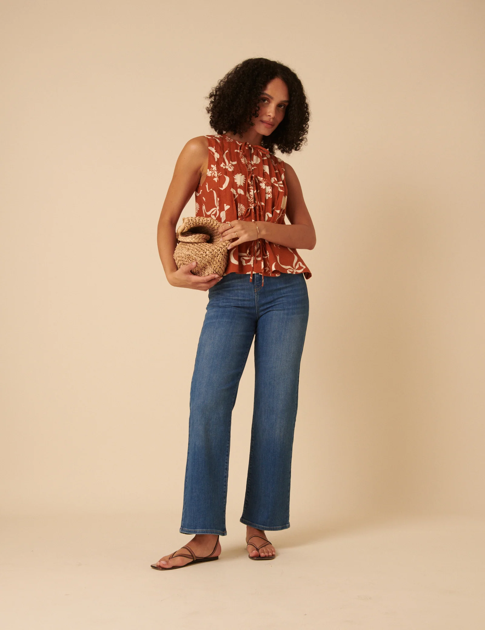 Brown Printed Linen-Blend Pleated Top - Image 2