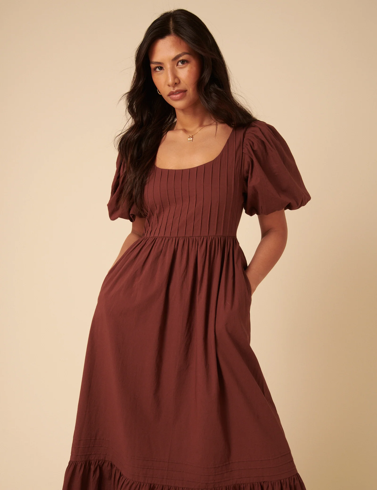 Brown Puff Sleeve Mimi Midi Dress - Image 3