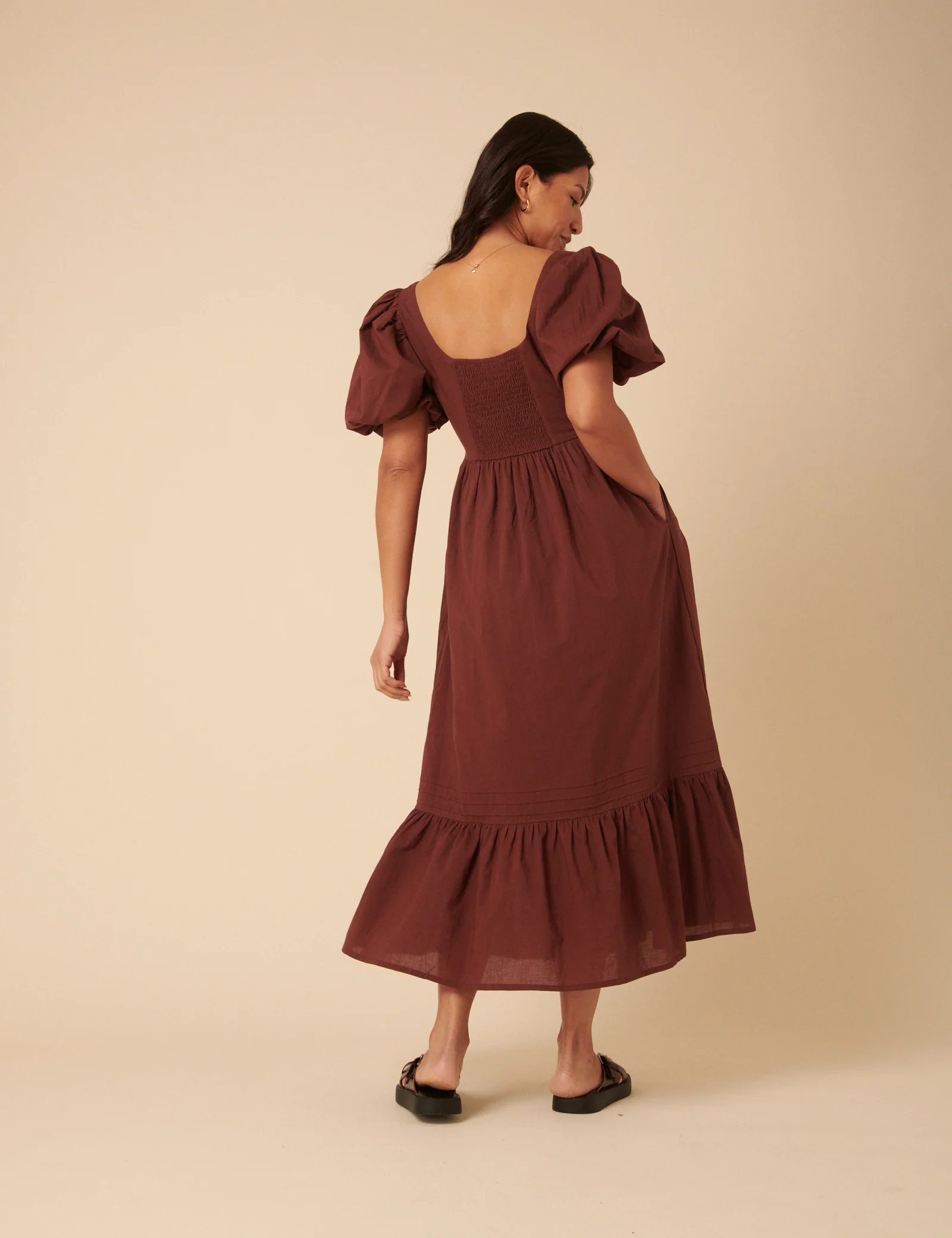 Brown Puff Sleeve Mimi Midi Dress - Image 5