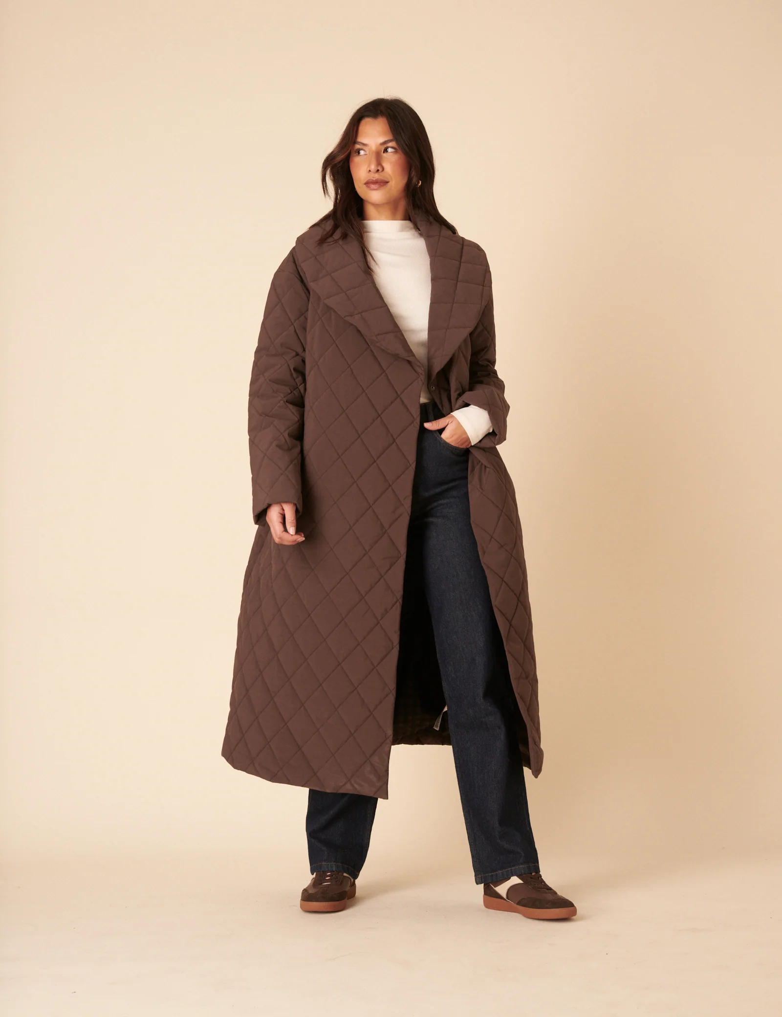 Brown Quilted Tie Belt Coat - Image 2