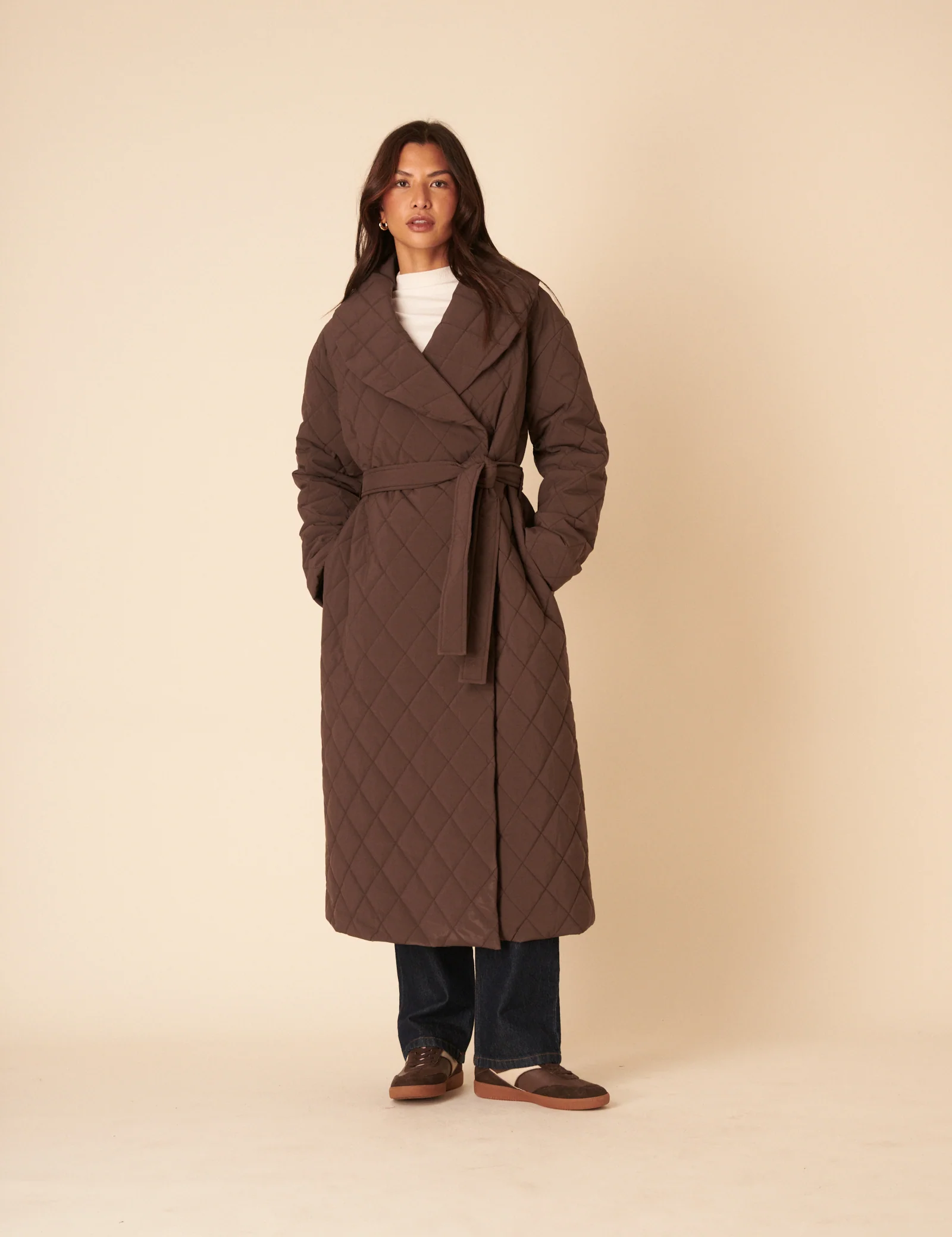 Brown Quilted Tie Belt Coat - Image 3
