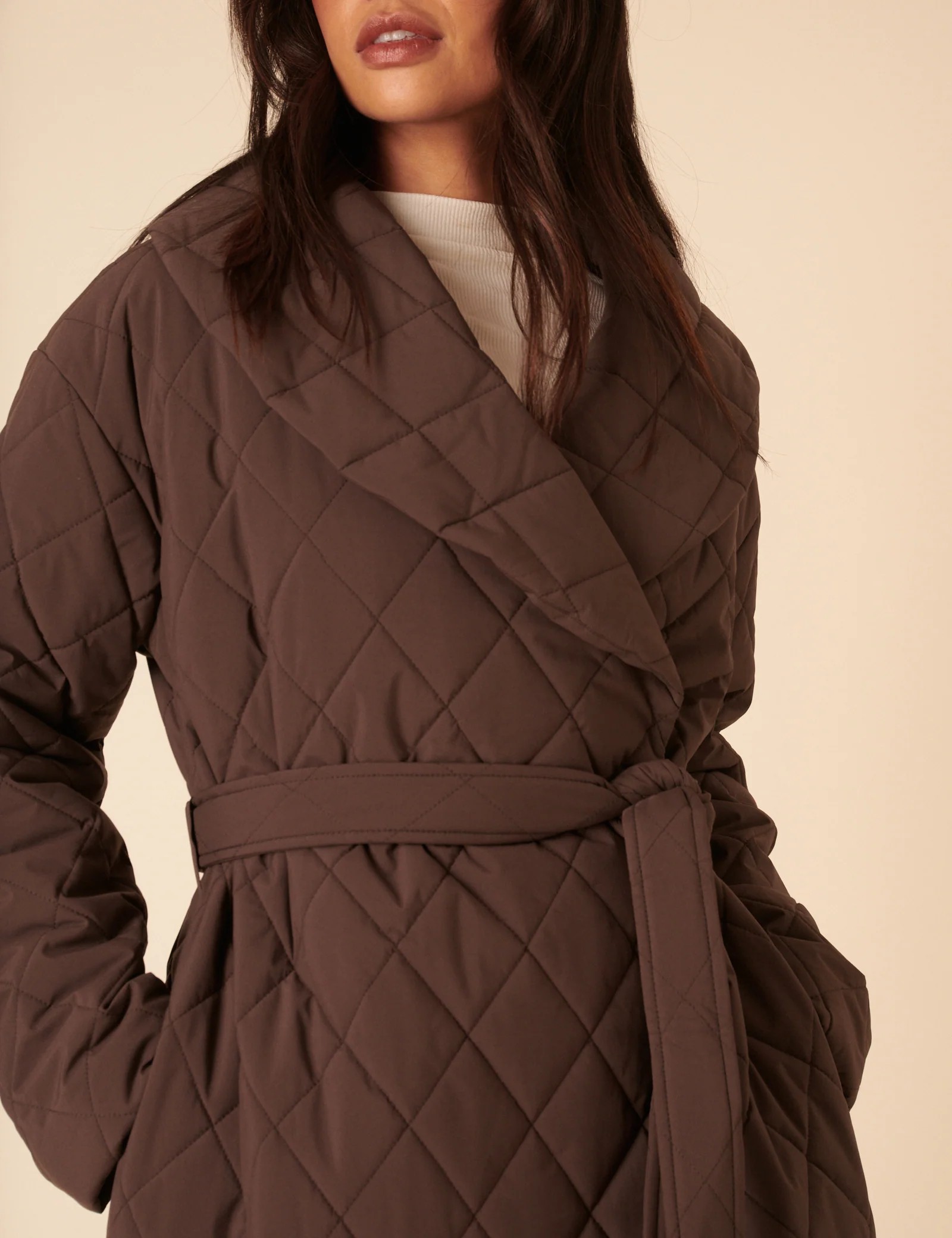Brown Quilted Tie Belt Coat - Image 4