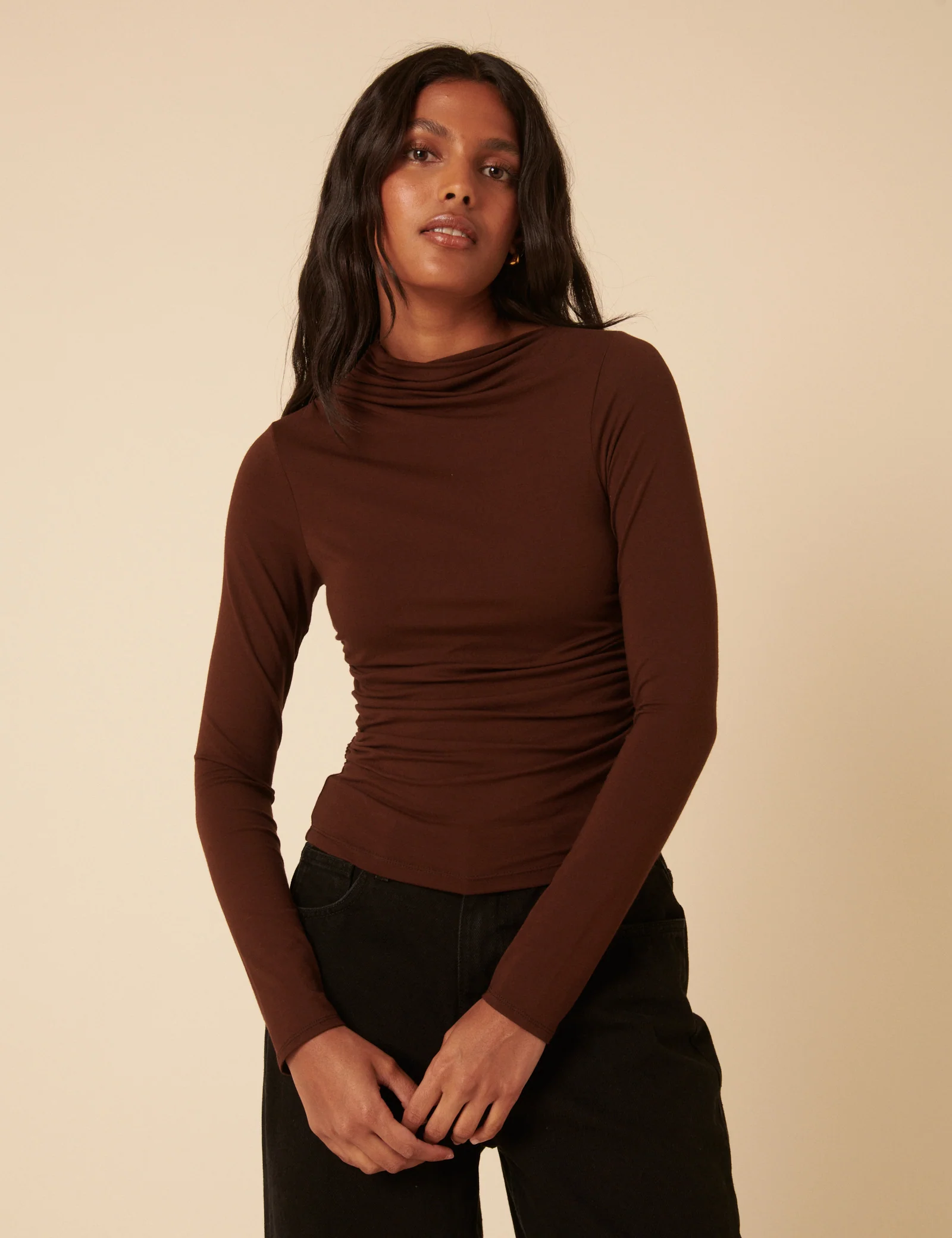 Brown Ruched Long Sleeve Top - Image 2