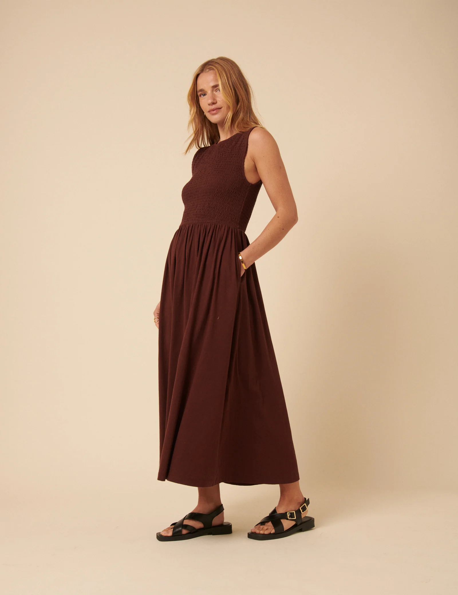 Brown Shirred Bodice Billie Midi Dress - Image 3