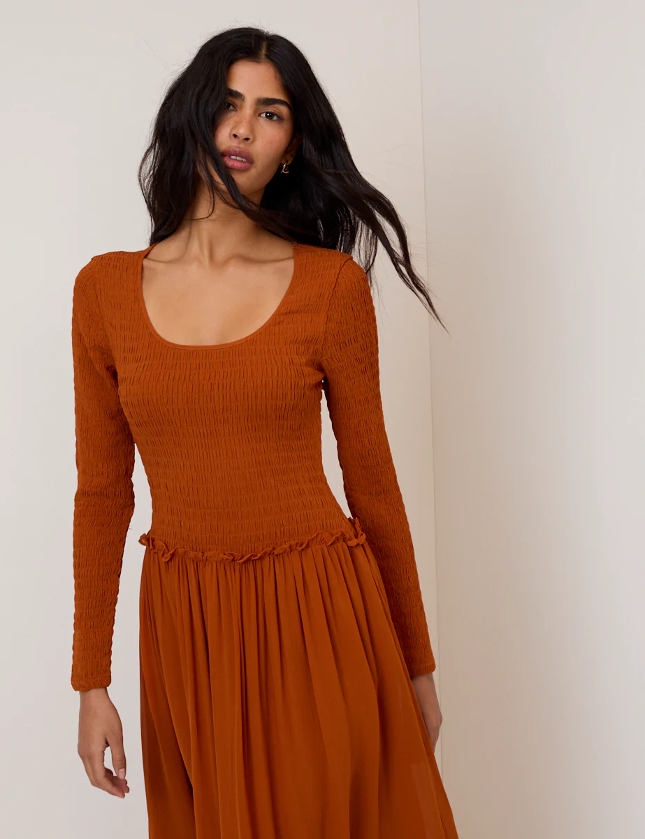 Burnt Orange Shirred Long Sleeve Sorelle Midi Dress - Image 2