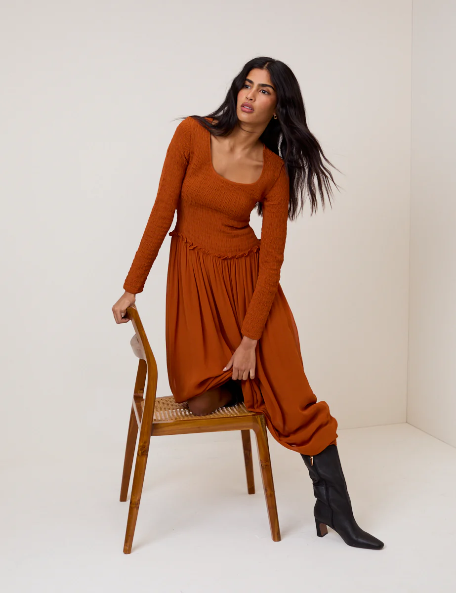 Burnt Orange Shirred Long Sleeve Sorelle Midi Dress - Image 3