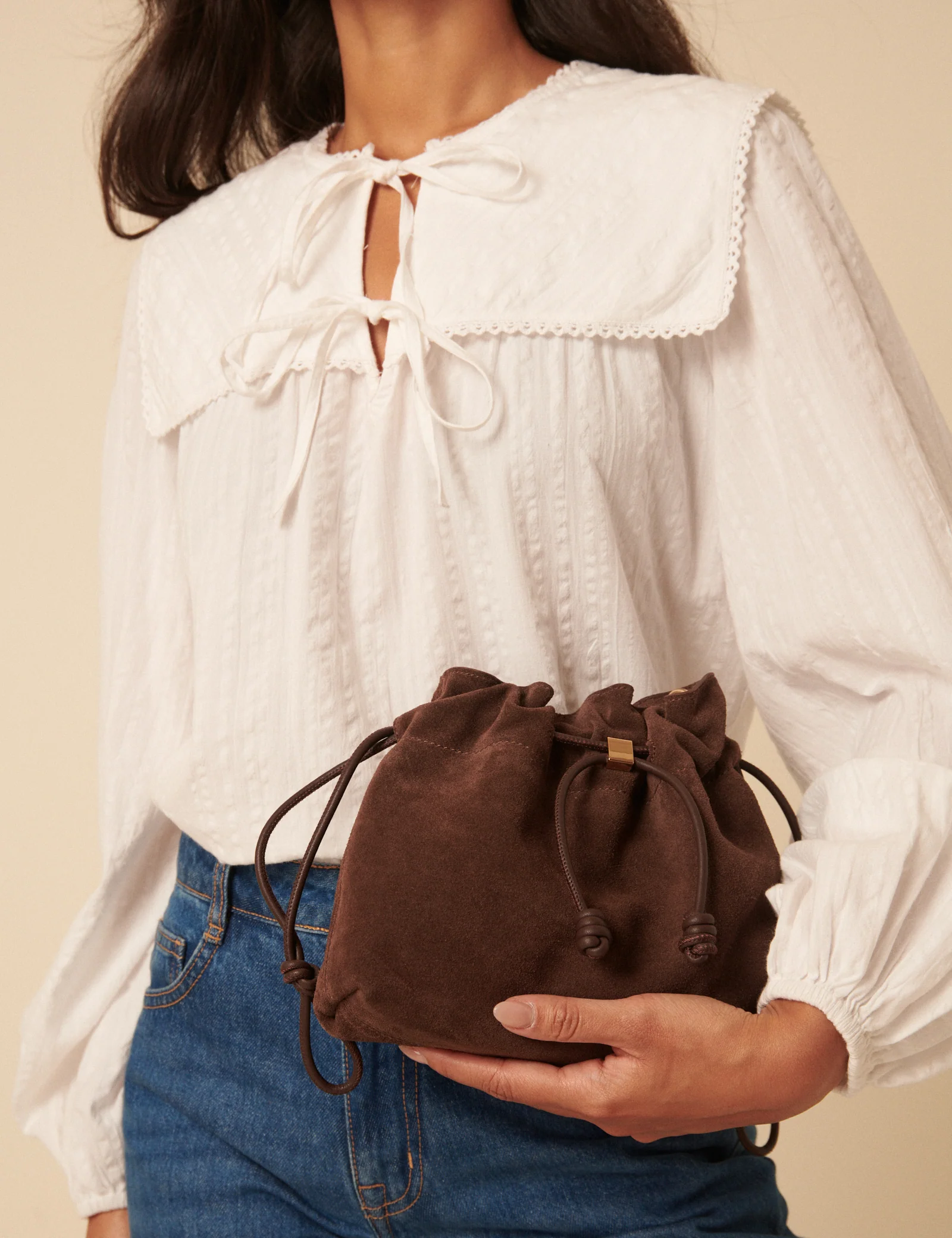 Brown Suede Drawstring Pouch Bag - Image 4