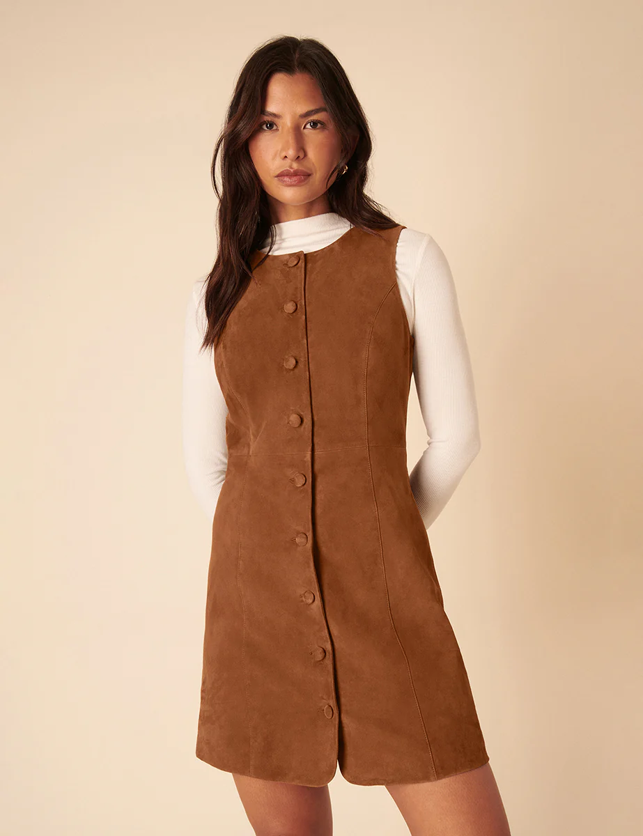 Brown Suede Eleanor Mini Pinafore Dress - Image 2