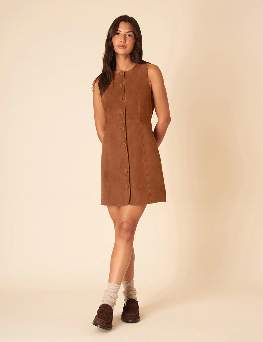 Brown Suede Eleanor Mini Pinafore Dress - Image 5