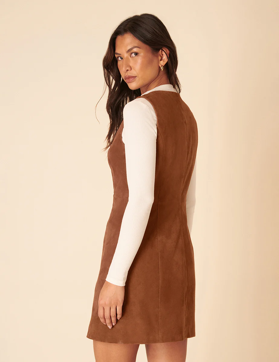 Brown Suede Eleanor Mini Pinafore Dress - Image 6