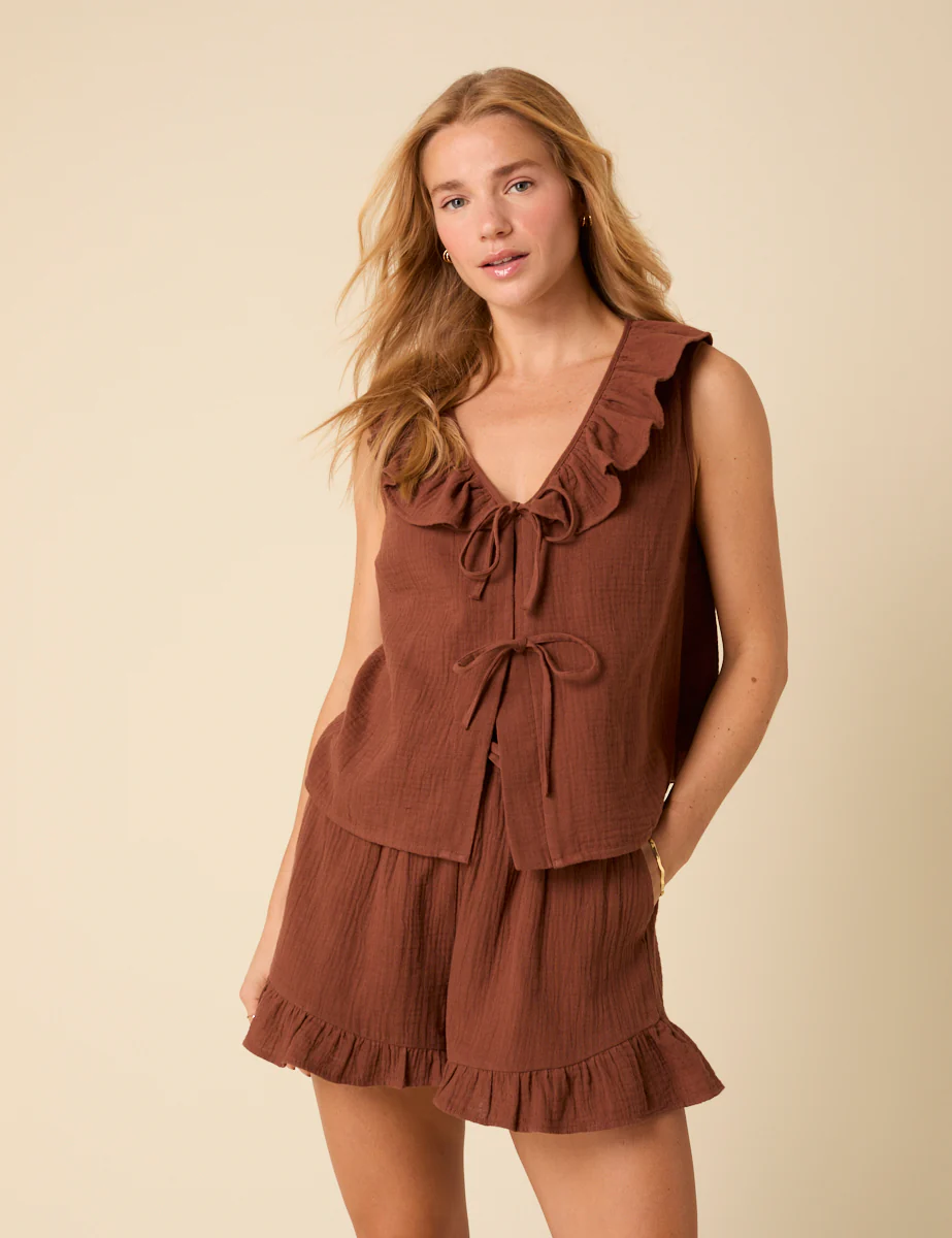 Brown Tie Front Ruffle Top - Image 2