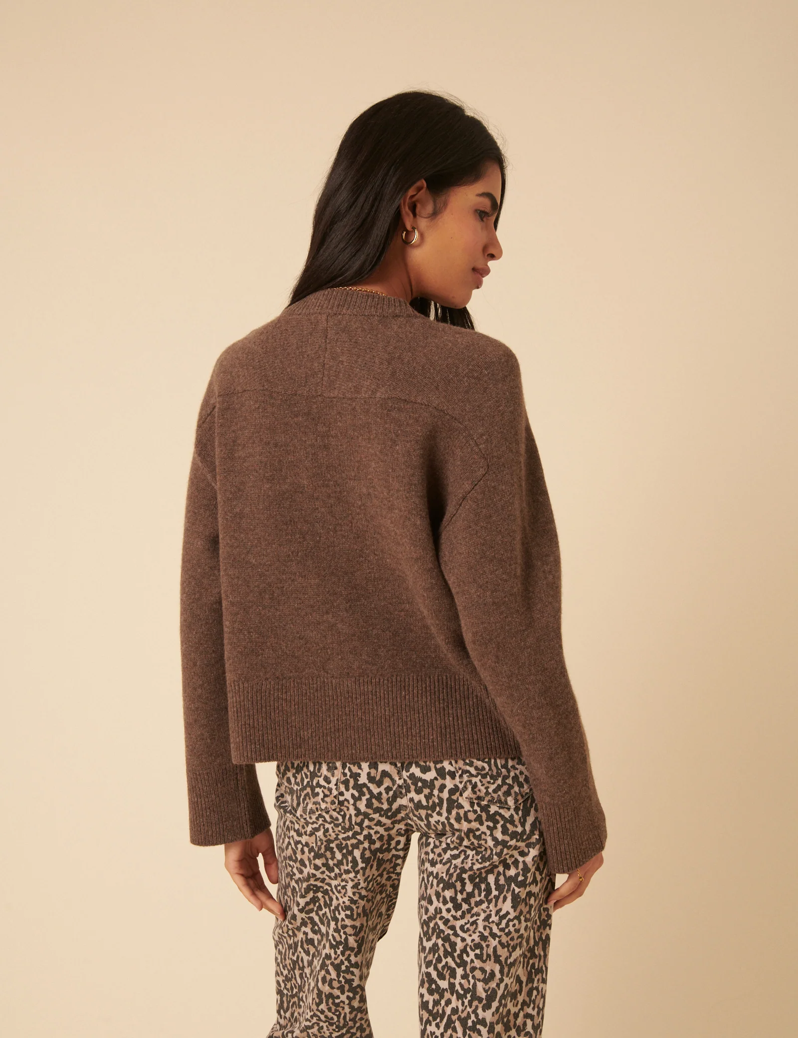 Brown Wool Crew Neck Cardigan - Image 5