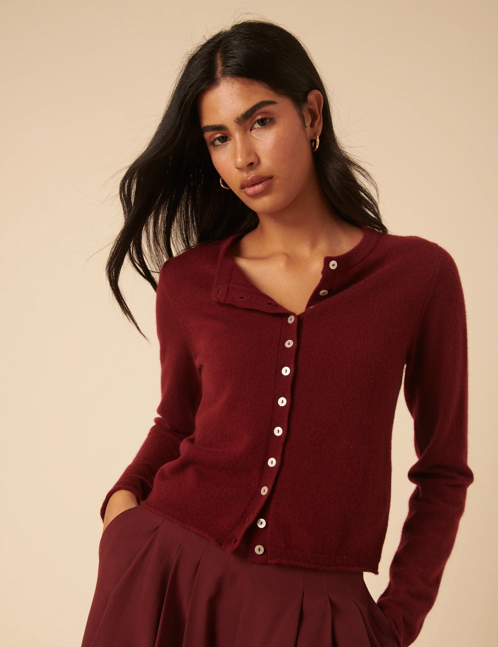 Burgundy Cashmere Crew Neck Cardigan - Image 2
