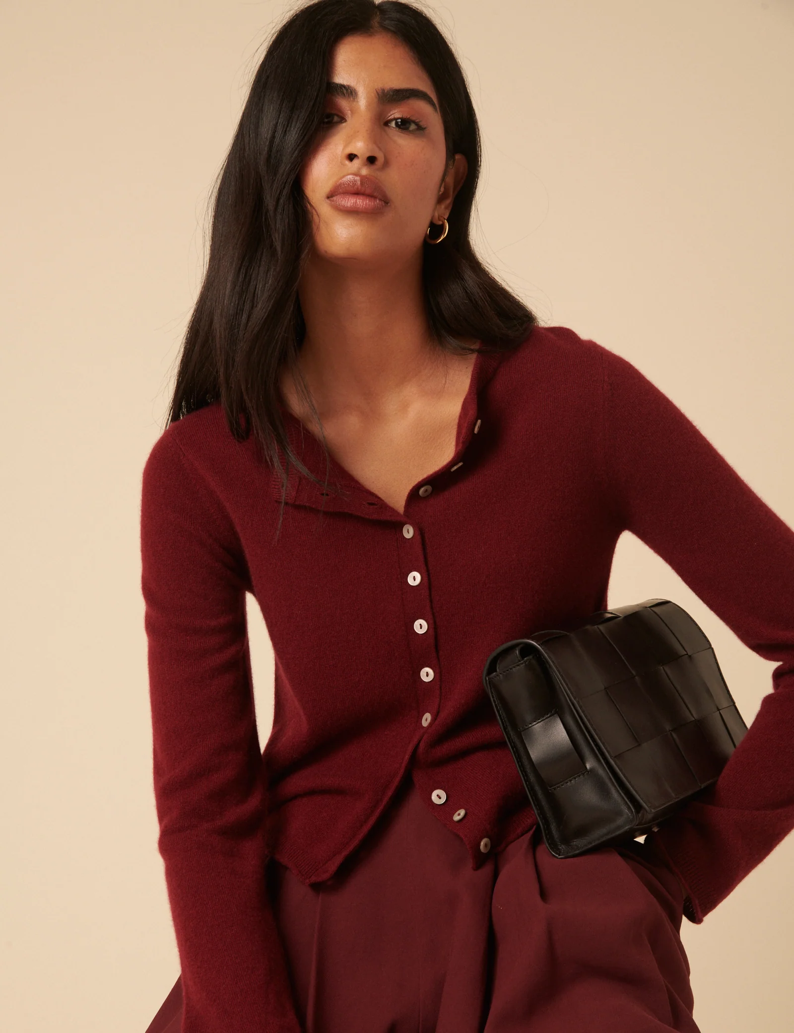 Burgundy Cashmere Crew Neck Cardigan - Image 3