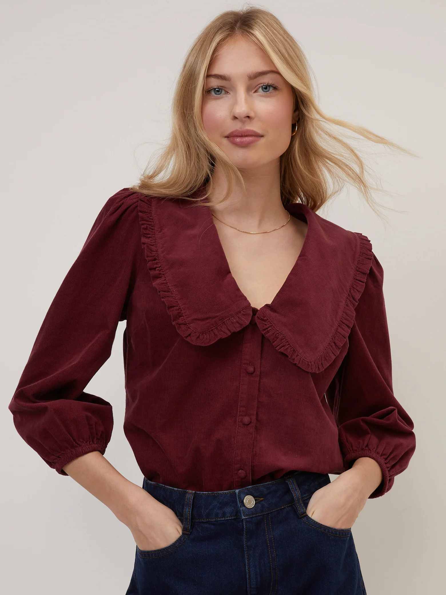 Burgundy Cord Peter Pan Collar Emmie Blouse - Image 3