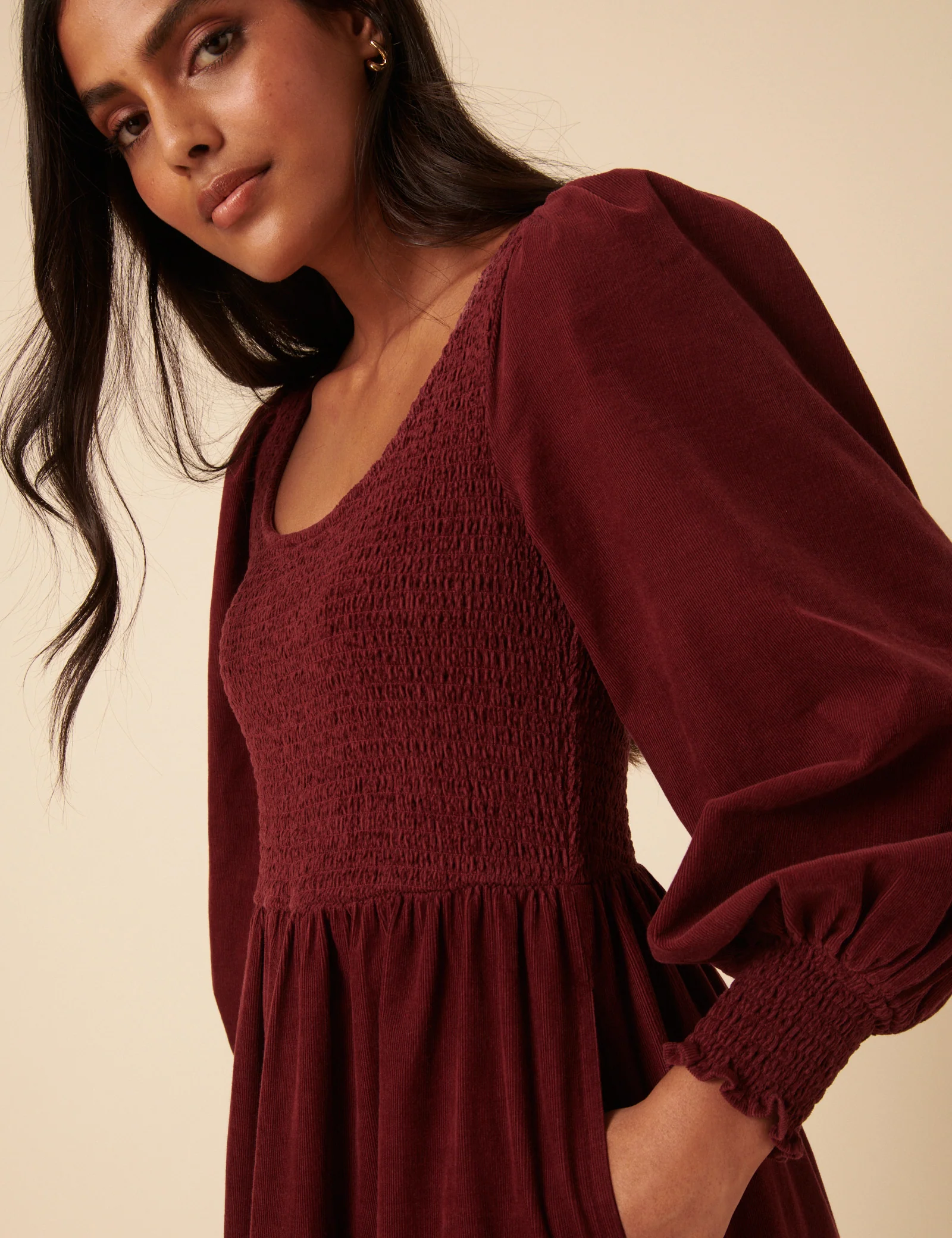 Burgundy Cord Tiered Ruby Midi Dress - Image 2