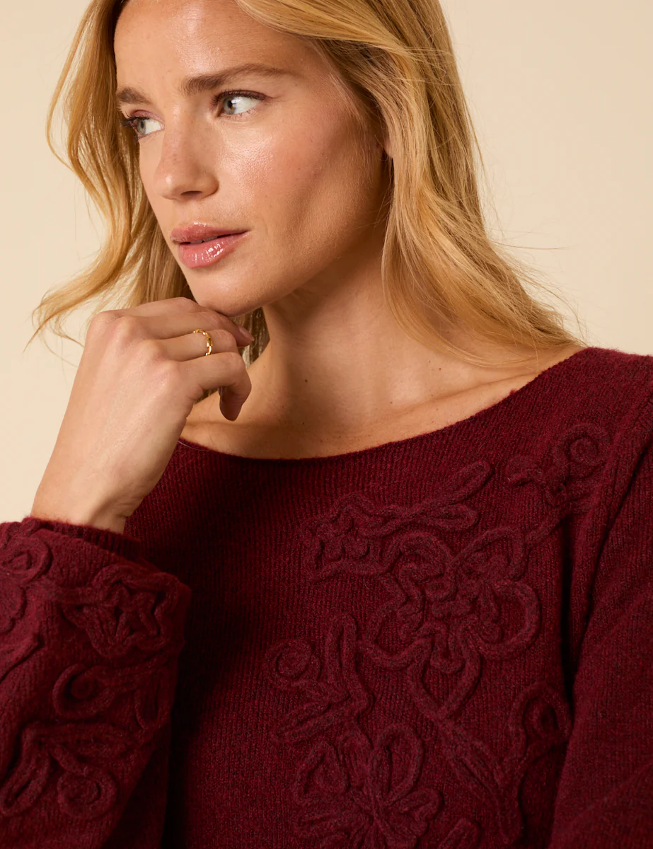Burgundy Floral Embroidered Knitted Long Sleeve Midi Dress - Image 3