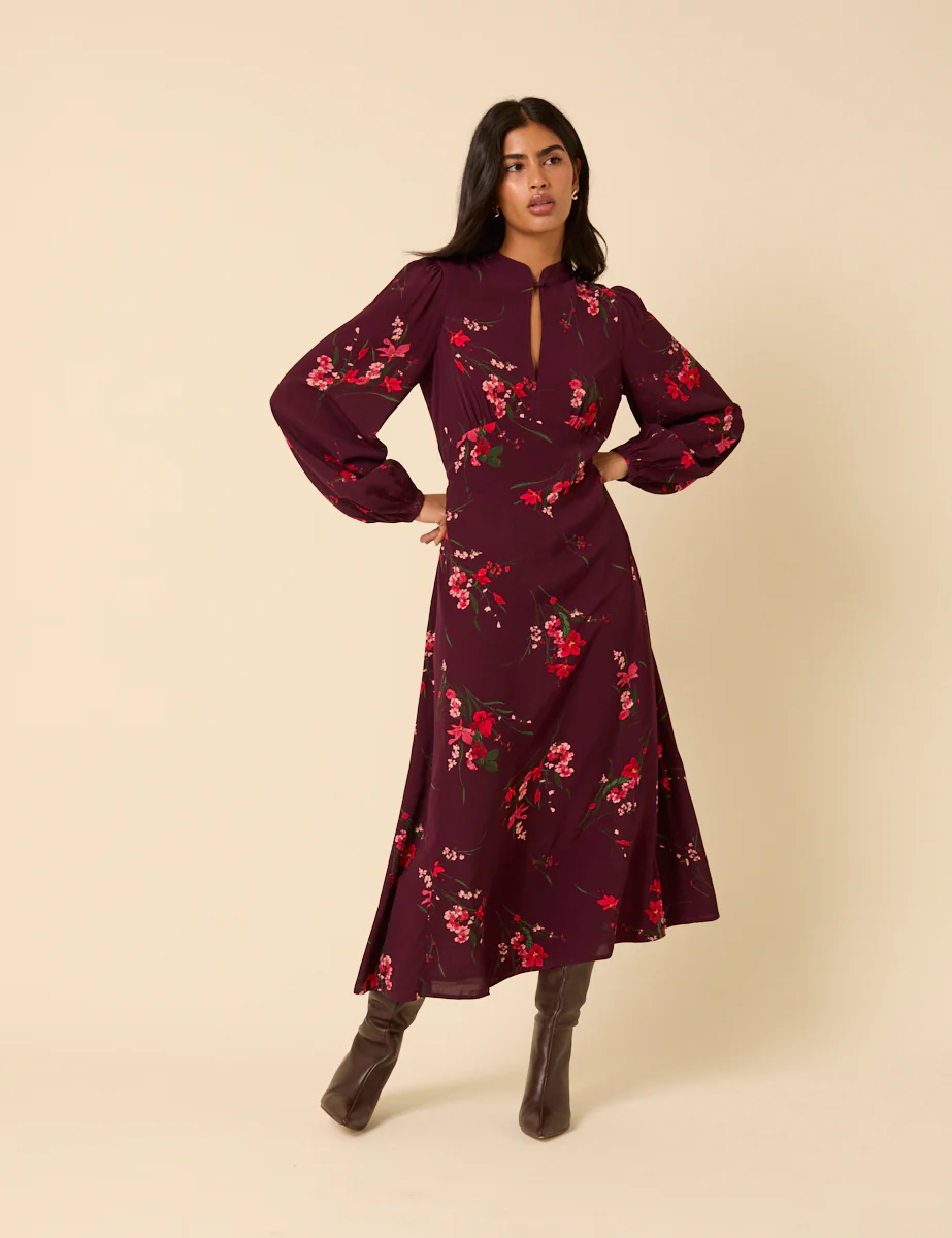 Burgundy Floral Long Sleeve Mila Midi Dress - Image 3