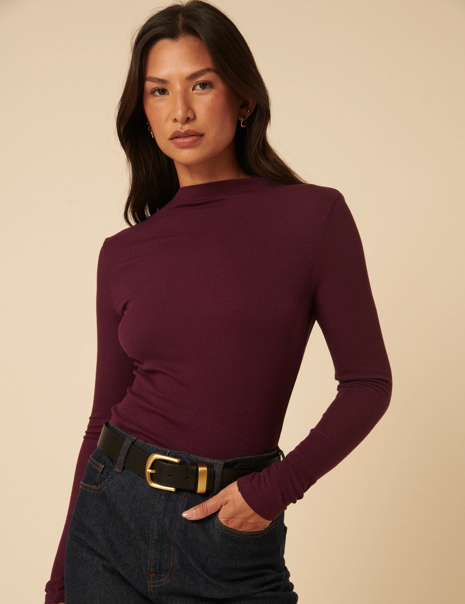 Burgundy Ribbed High Neck Long Sleeve Top - Image 4