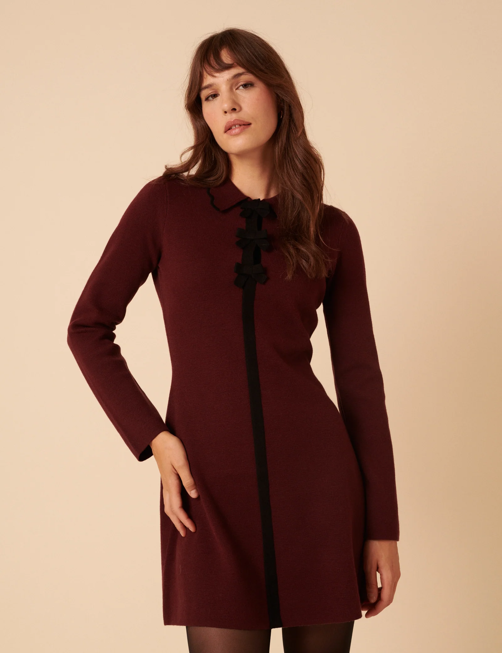 Burgundy Knitted Bow Front Mini Dress - Image 3