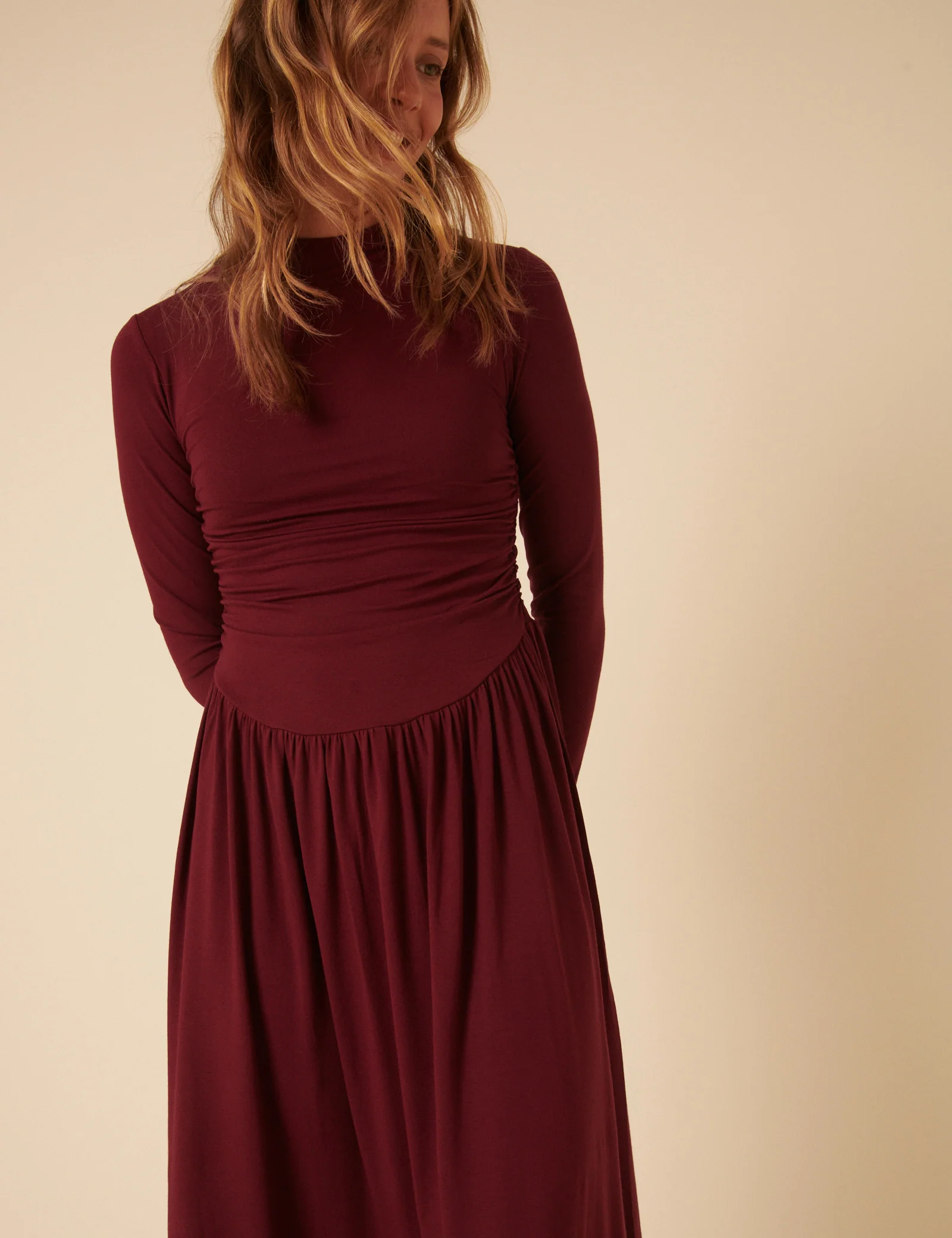 Burgundy Long Sleeve Drop Waist Aubrey Midaxi Dress - Image 4