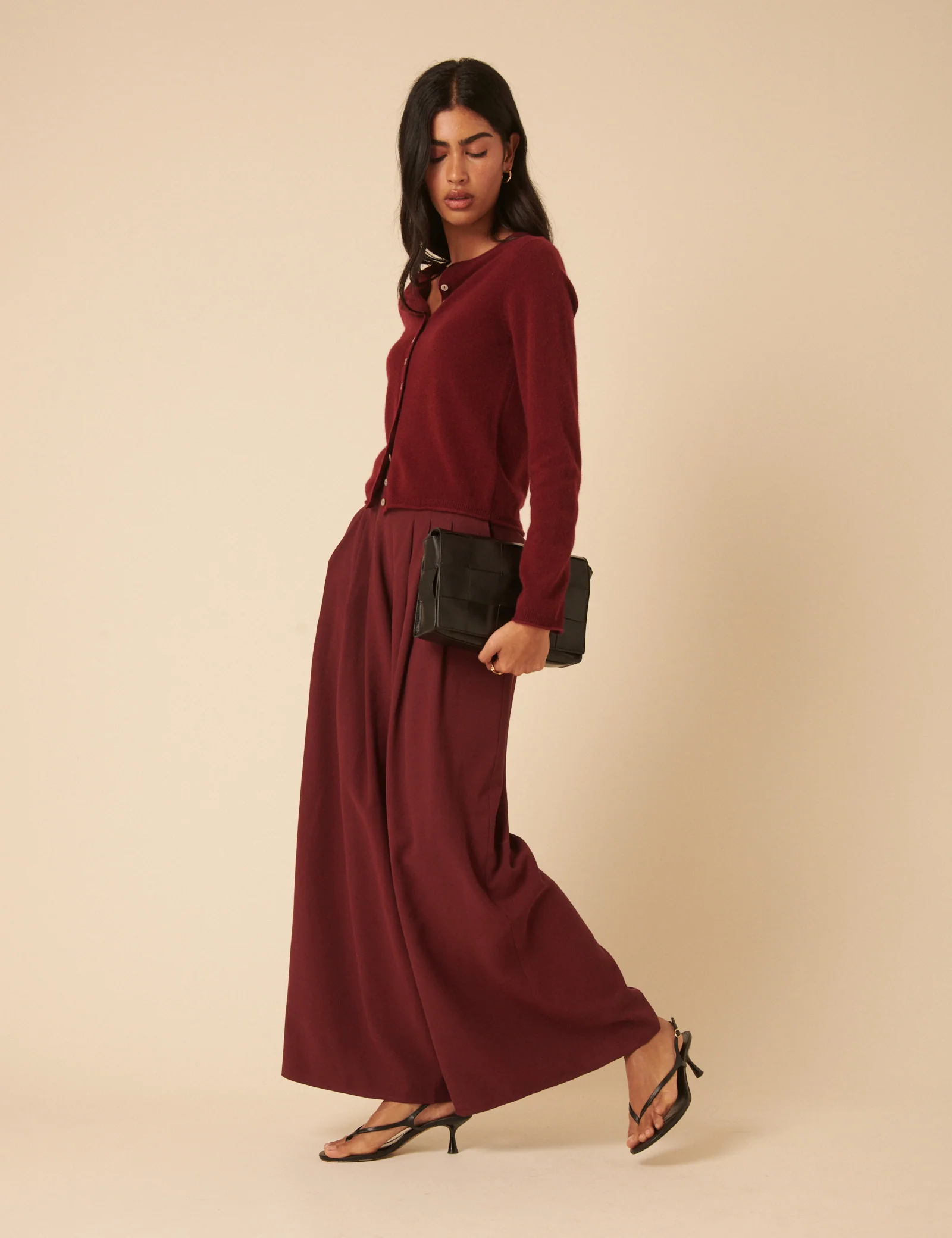 Burgundy Pleated Wide Leg Trousers - Image 4