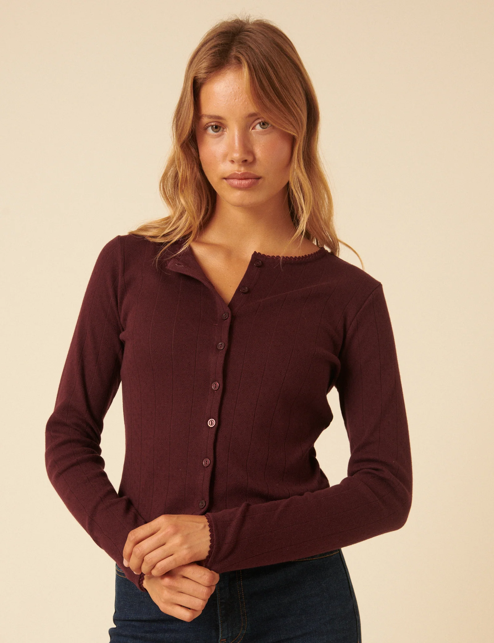 Burgundy Pointelle Cardigan - Image 3