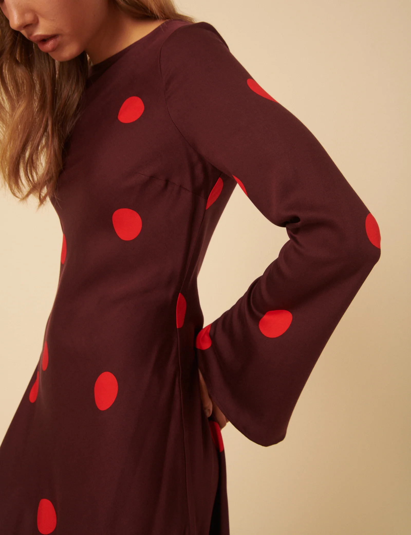 Burgundy Polka Dot Long Sleeve Romy Mini Dress - Image 3