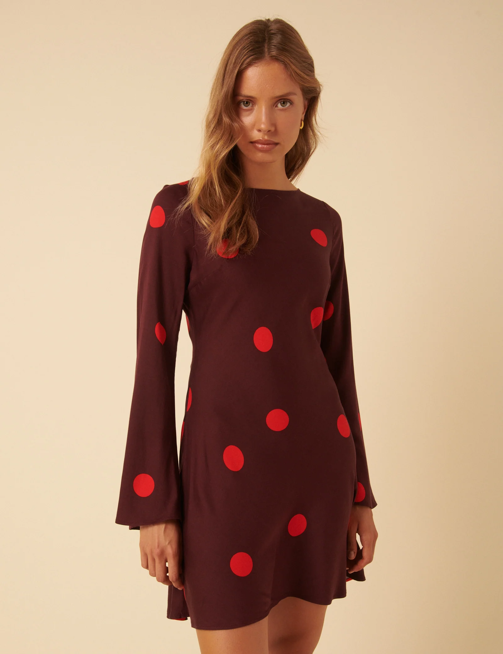 Burgundy Polka Dot Long Sleeve Romy Mini Dress - Image 4