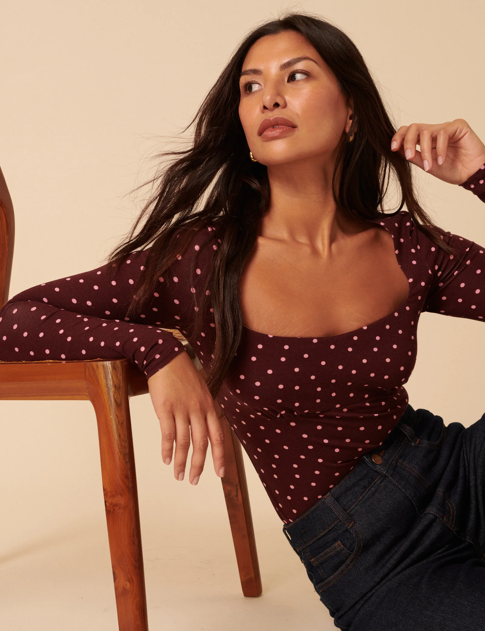 Burgundy Polka Dot Long Sleeve Top - Image 2