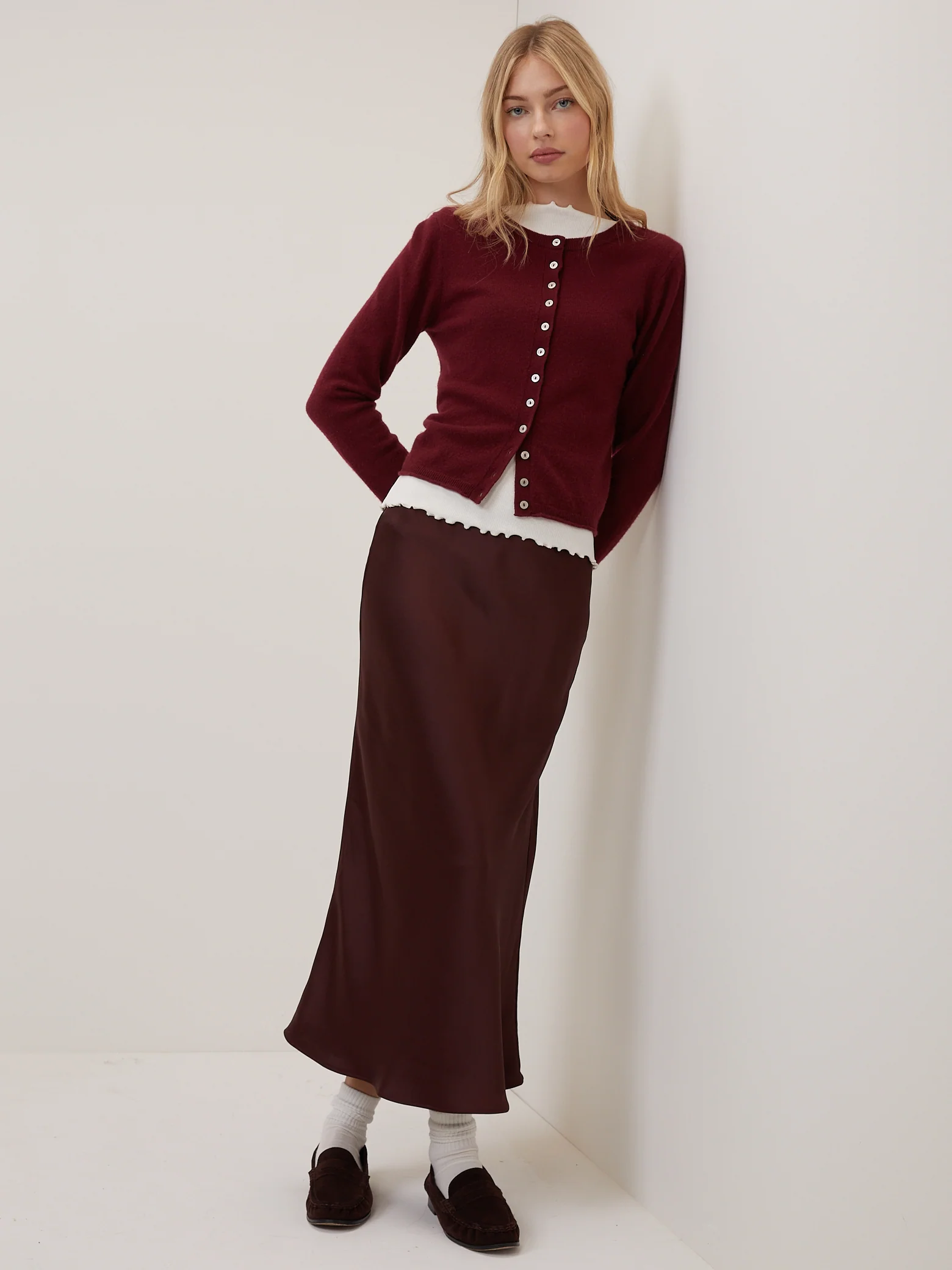 Burgundy Satin Mila Midi Slip Skirt - Image 5