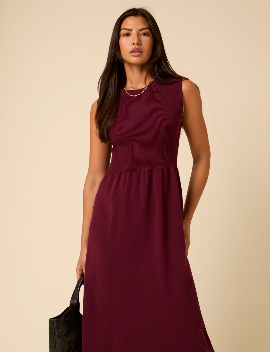 Burgundy Sleeveless Knitted Midi Dress - Image 3