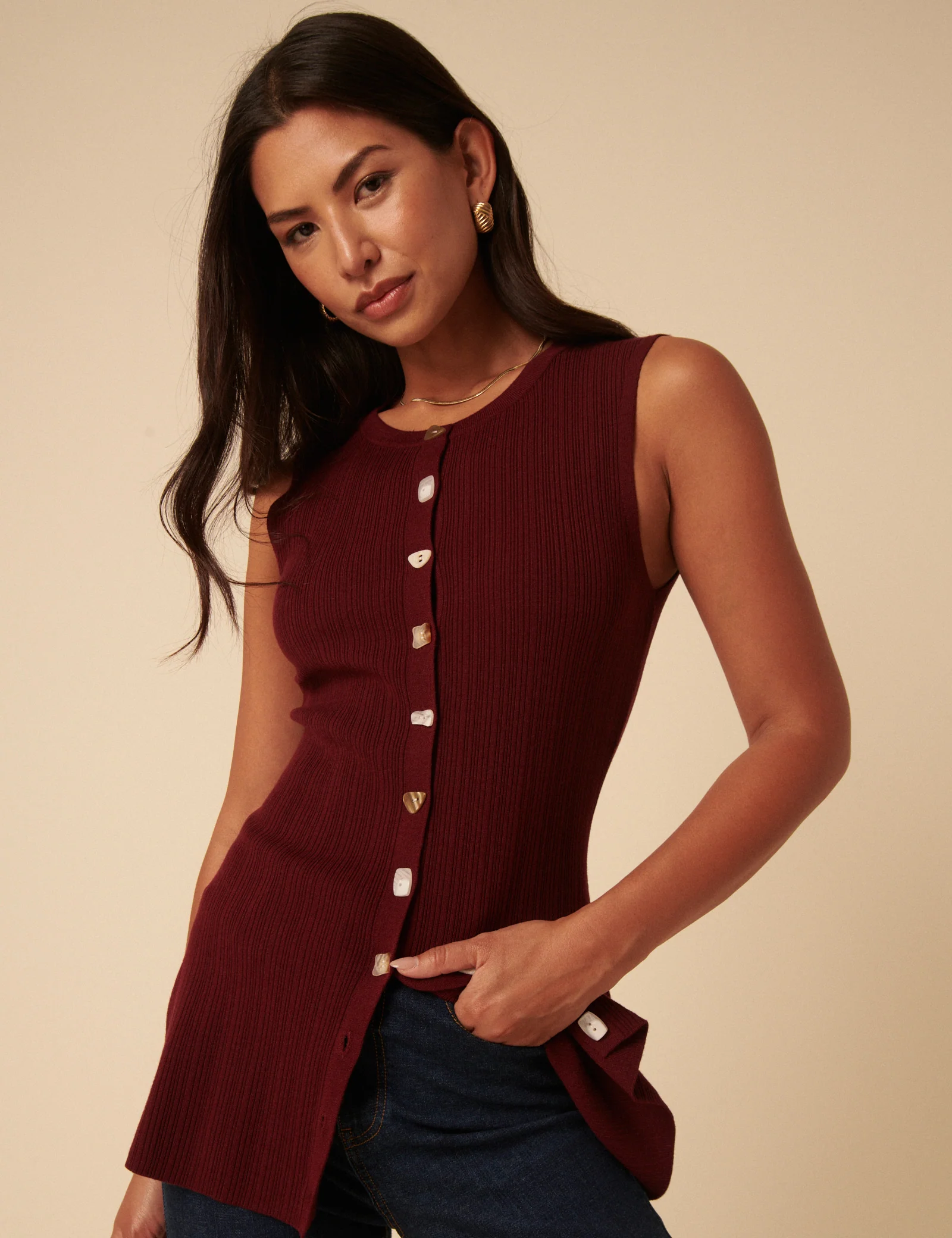 Burgundy Longline Knitted Waistcoat - Image 2
